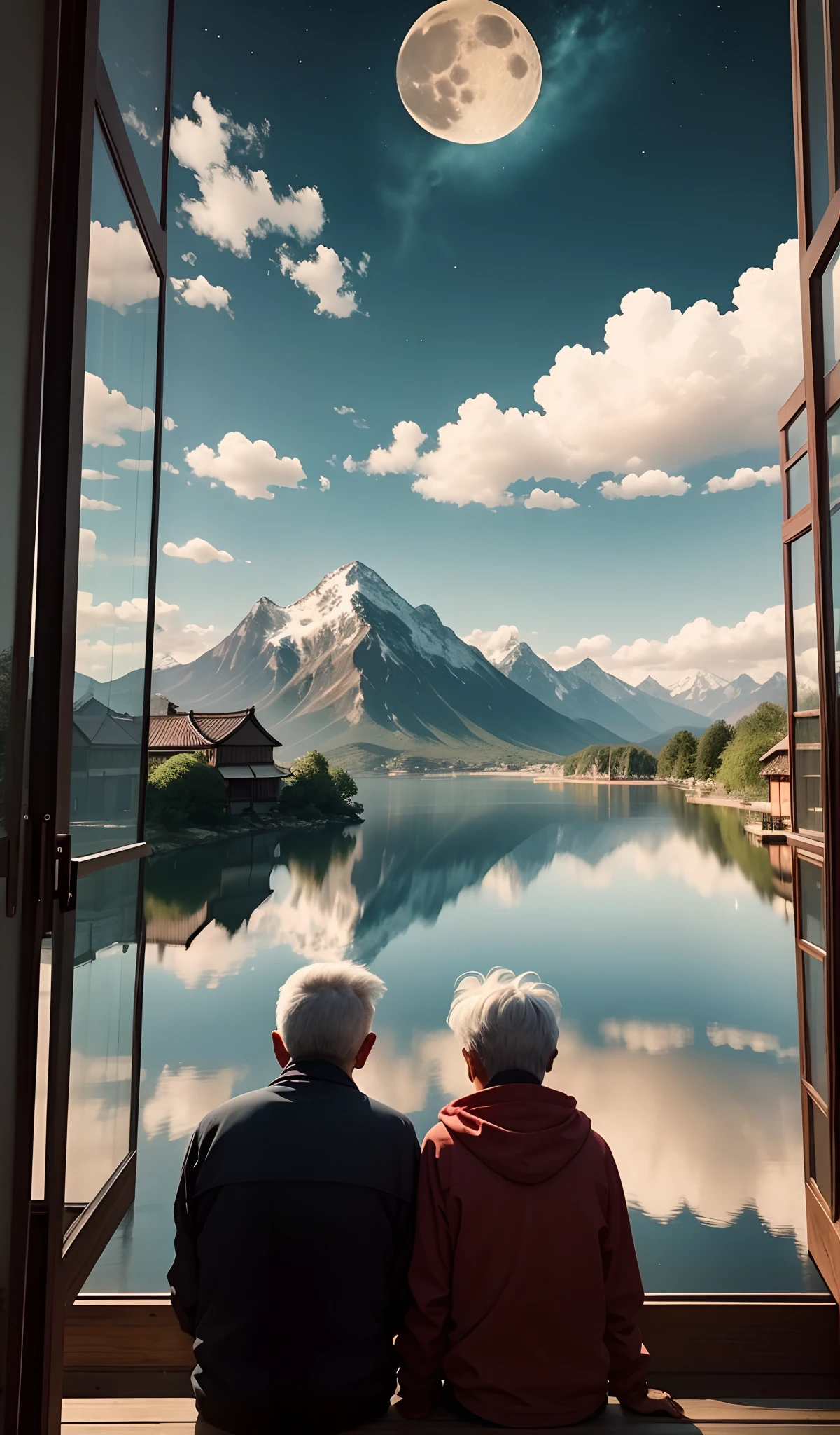 Write a cinematic version of the footage,In front is a large lake surrounded by mountains on three sides,It's the evening when the moon sets in the West Mountain,The moon is round and bright,The clouds are fiery,In the distance, you can also see a trace of white clouds,The camera is backwards,The surface of the lake is shiny,First pass a Chinese-style village,Came to the back of a couple who were sitting in front of the window watching the moon,They are all looking at this amazing scenery,Three seconds passed,The couple turned into a pair of gray-haired ones。