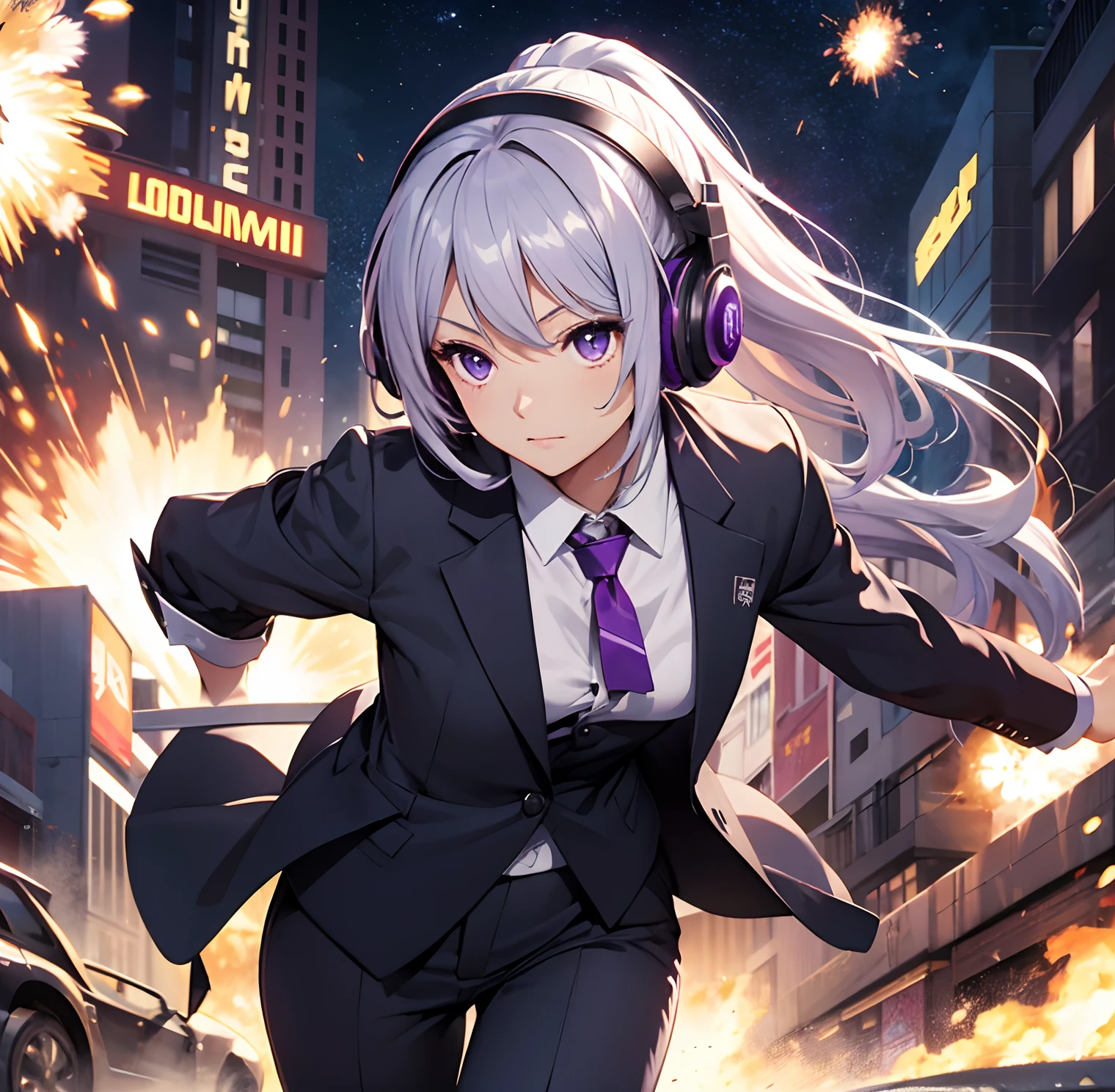 hiquality、Girl in formal suit running、explosions、loimu、Story、big explosion、Cyber Headphones、Silvery hair、poneyTail、Purple eyes
