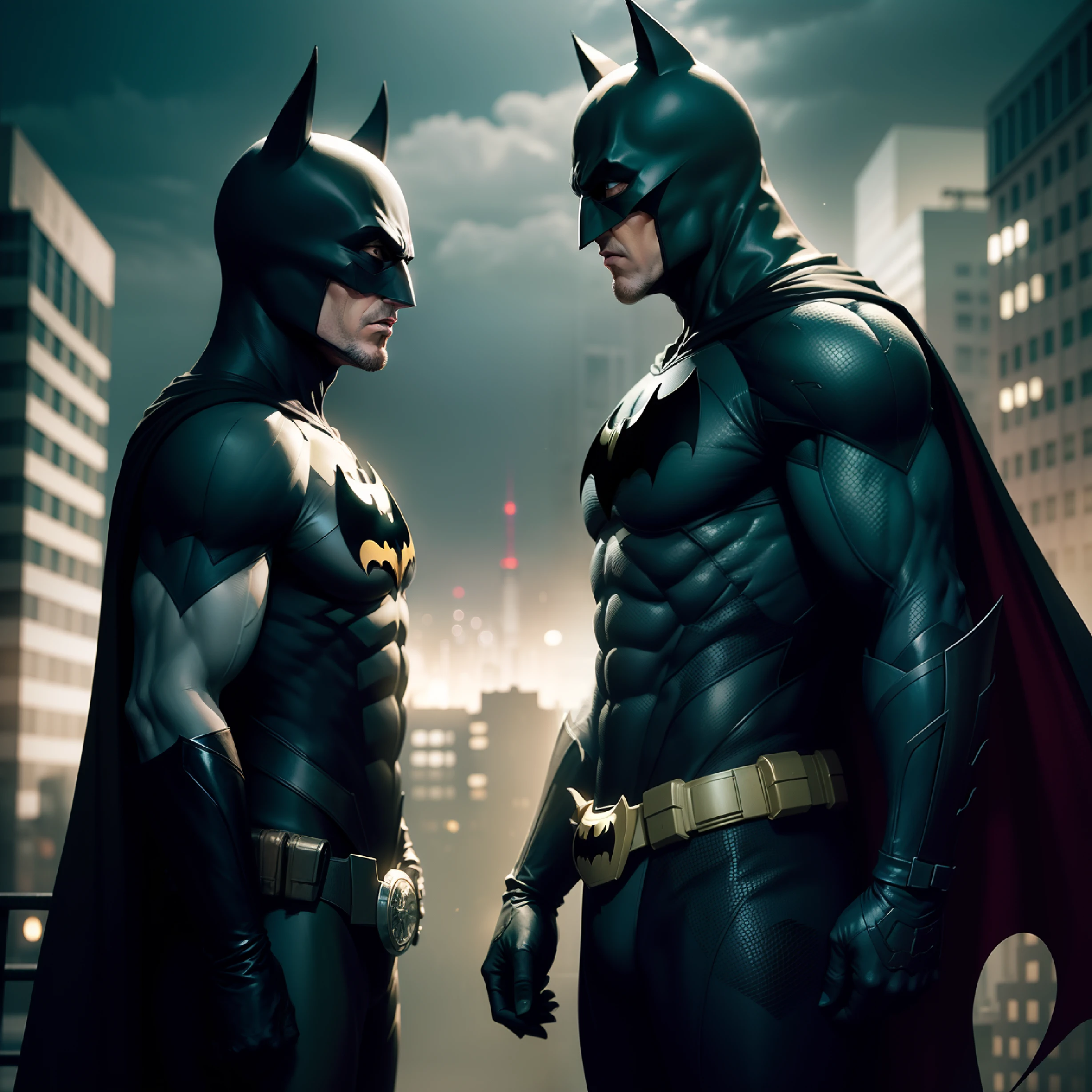 Batman vs Batman standing opposite of each other