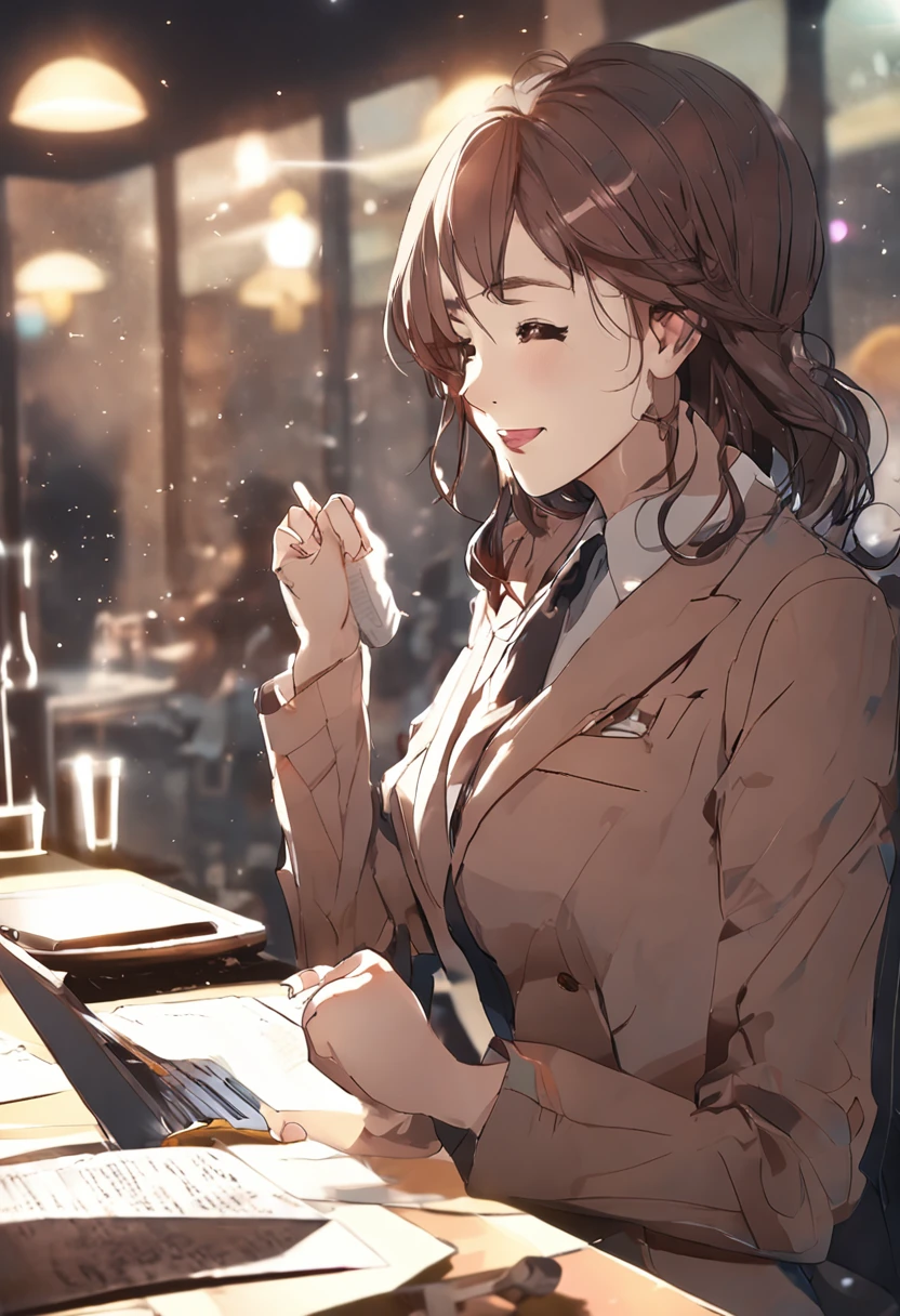 Beautuful Women、suits、Notebook work、wears glasses、Brown hair、Maki Nishiyama、a smile、building、cafes