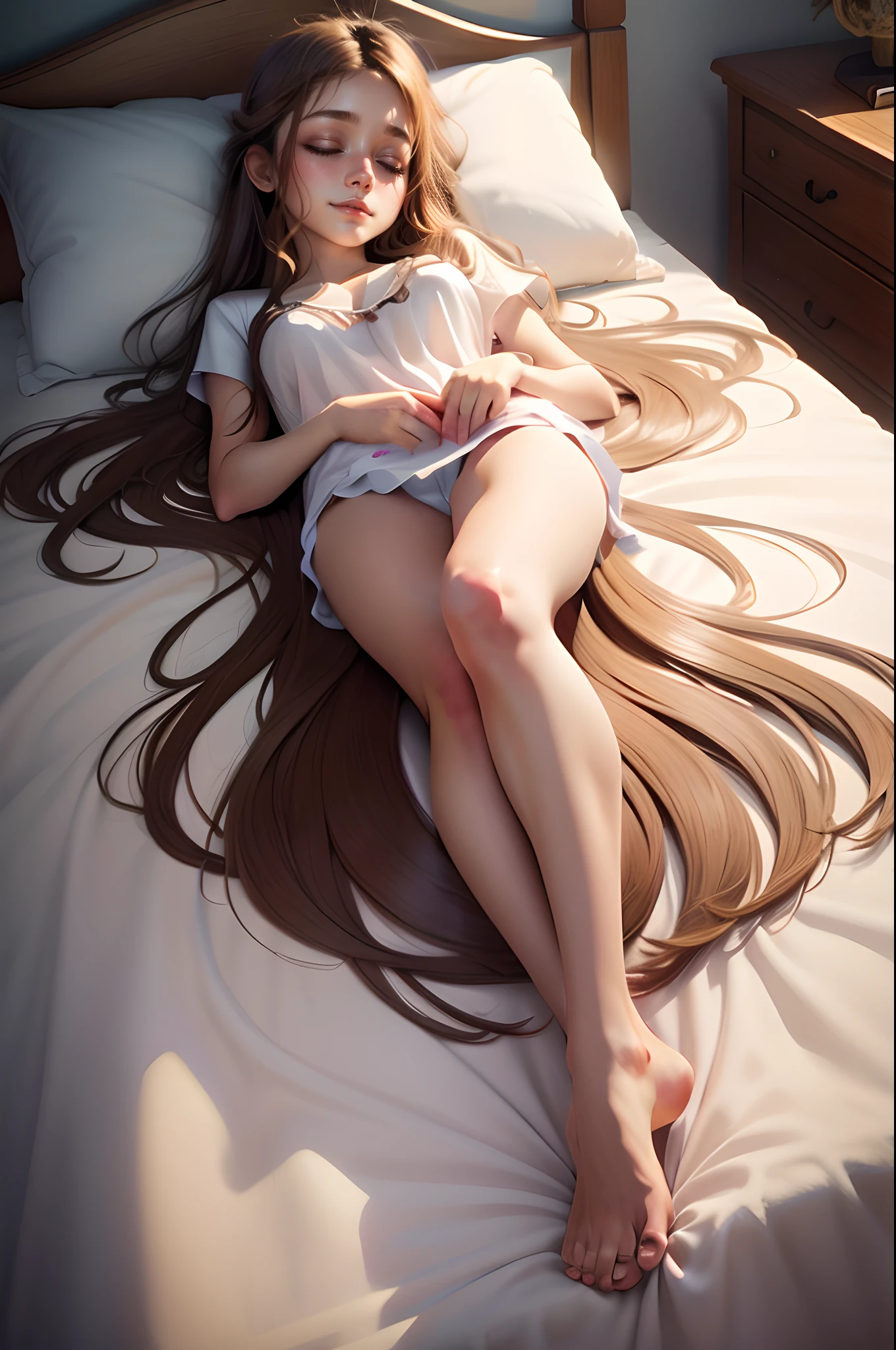 Beautiful girl sleeping,15year old,Realistic and realistic,Realistis,the detail,Bare legs,Bare feet,Cute,Long brown hair,Lie down in bed,A sweet smile in your sleep,Top-down perspective