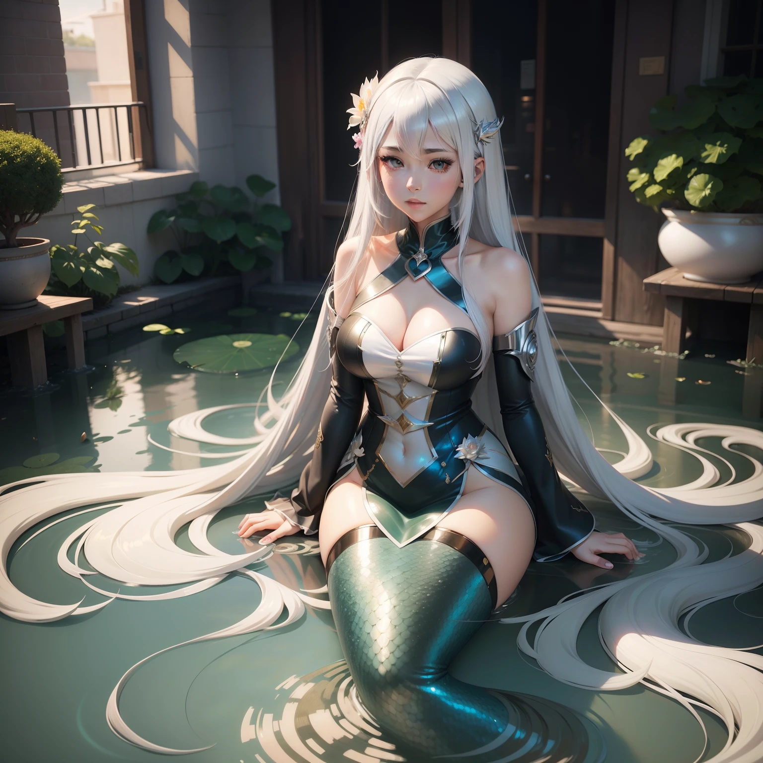 Anime girl mermaid，long layered silvery white hair, Silvery-white lotus leaf fish tail，Smooth anime CG art, Beautiful anime woman, beautiful and seductive anime woman, attractive anime girls, Beautiful anime girl, Digital anime art, photorealistic anime girl rendering, Beautiful character painting, female anime character, Anime girl with long hair, anime woman, Realistic young anime girl, advanced digital anime art, seductive anime girls