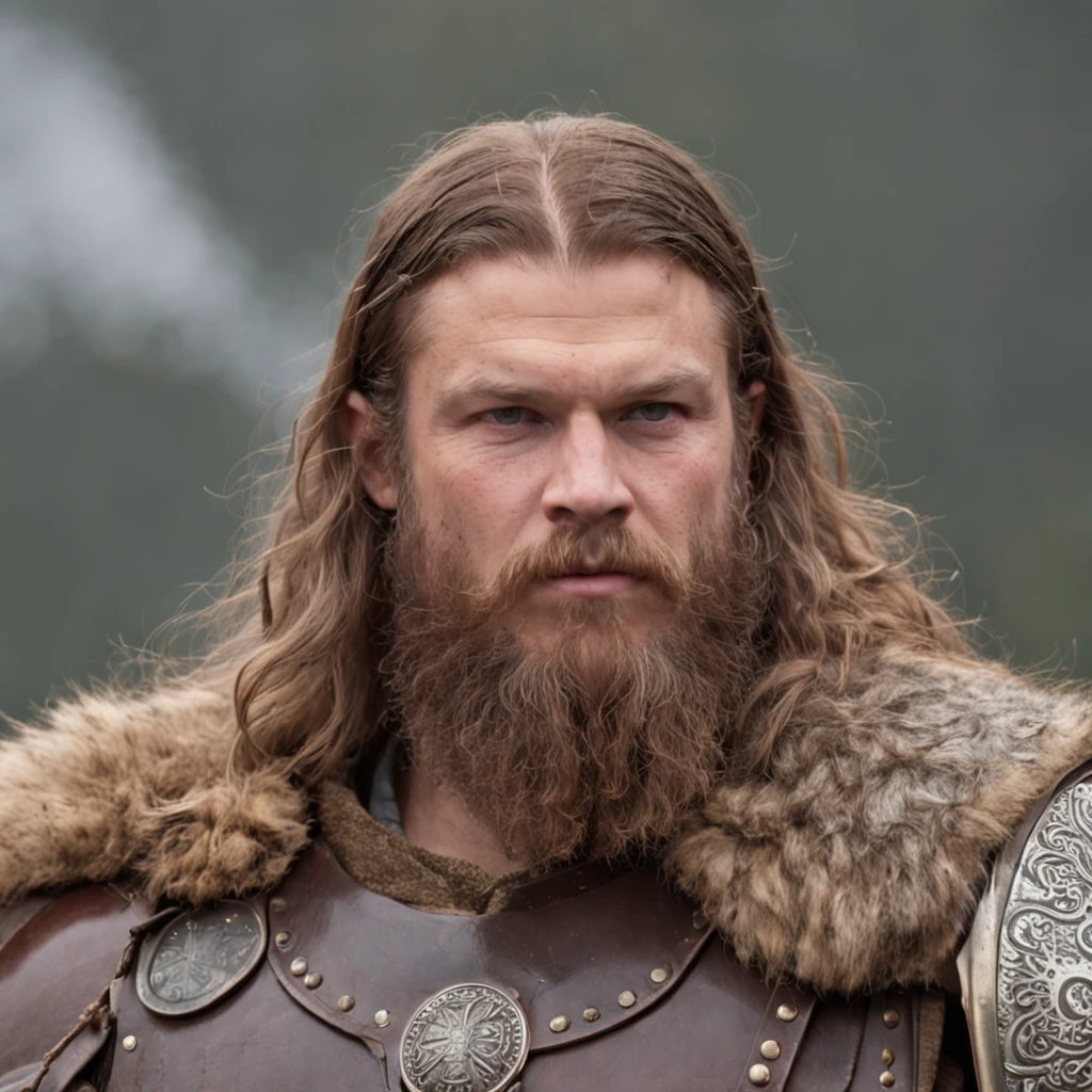 PERSONAGEM, Nome: Bjorn Sturmhart. description: Bjorn Sturmhart is a formidable Norse warrior with a bushy beard and long hair that flows like the currents of a river. His body is robust and scarred from past battles, witnesses to his fearless determination. Ele usa um capuz de pele de lobo que cobre parte do seu rosto, intensifying its imposing and mysterious appearance. His gaze is piercing, reflecting the wisdom and fierce loyalty he has for his homeland and the Norse gods. Vestindo armaduras feitas de couro resistente, Bjorn wields an imposing broad-bladed sword and a long-handled battle axe, armas que ele domina com maestria nas lutas contra inimigos. He is known for his bravery on the battlefields, his strategic skill and his gravelly voice that resonates like thunder in the hearts of his opponents. Bjorn carries with him the intrepid spirit of the Norse warriors and is a respected figure among the clans, both for his physical strength and his unwavering courage.