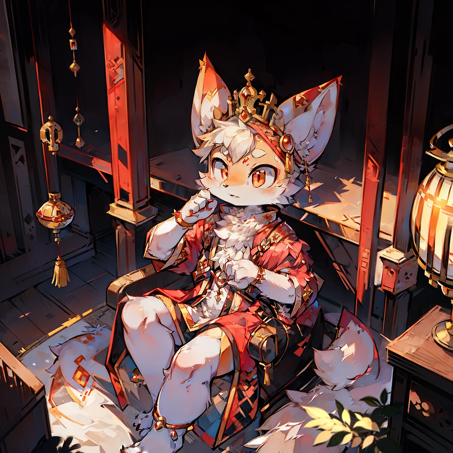 girl fox，Stuffed girl，Traditional Chinese clothing，Princess，palaces，red color eyes，Yellow ears，