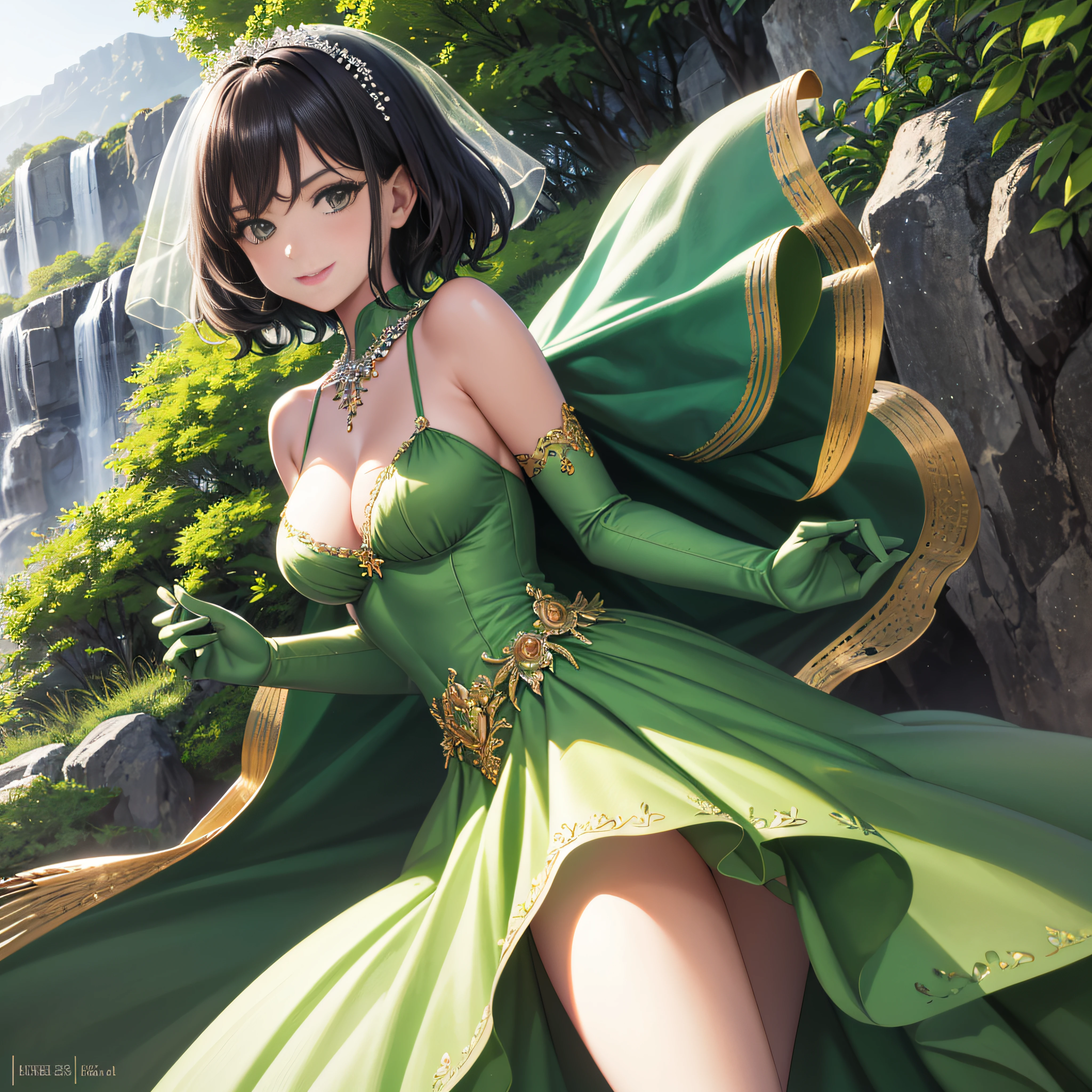 best qualtiy,tmasterpiece,1girll,ers old,Green dress,chies,The upper part of the body,closeup cleavage,With short black hair,big breasts beautiful,looking at viewert,ssmile,Green Bridal Veil,Green Long Grove,Satin Linn Long Gloves, Green Pearl Necklace, lipsticks, ssmile
