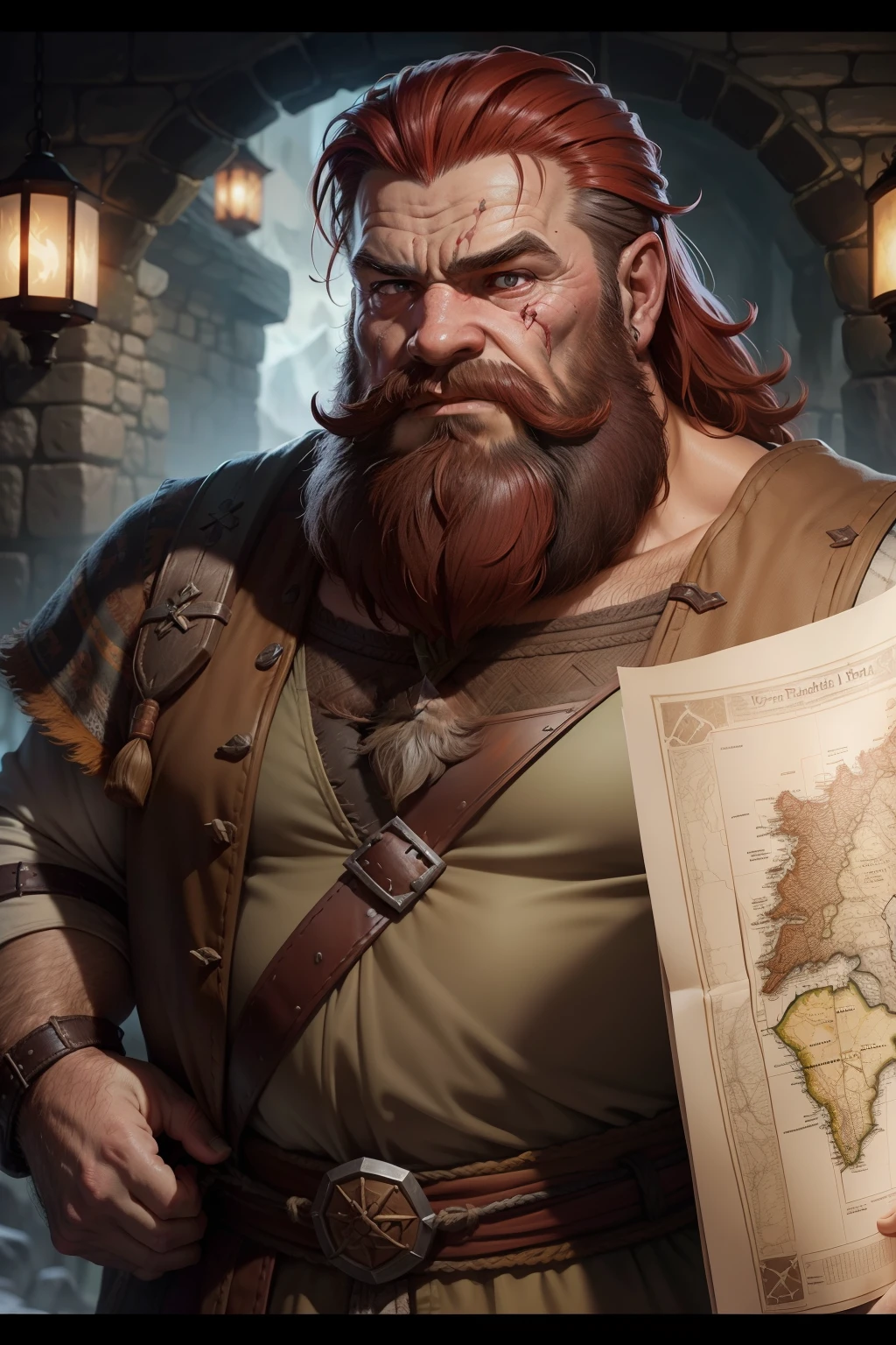 man, Viking, short stature, Age 60 years, strong, thick, big breasts, big belly, Red hair, big red beard, thick body hair, густые Red hair на груди, густые Red hair на животе, густые Red hair на лобке, густые Red hair на яйцах, thick hair on arms, thick hair on legs, tattoos on body, Tattoos on the torso, without outerwear, only in a short, hip-length skirt made of green fabric, the skirt is held up by a leather belt with a gold buckle, in a medieval pub, sitting on a bench, holding a wooden mug with beer, night, warm light from kerosene lamps