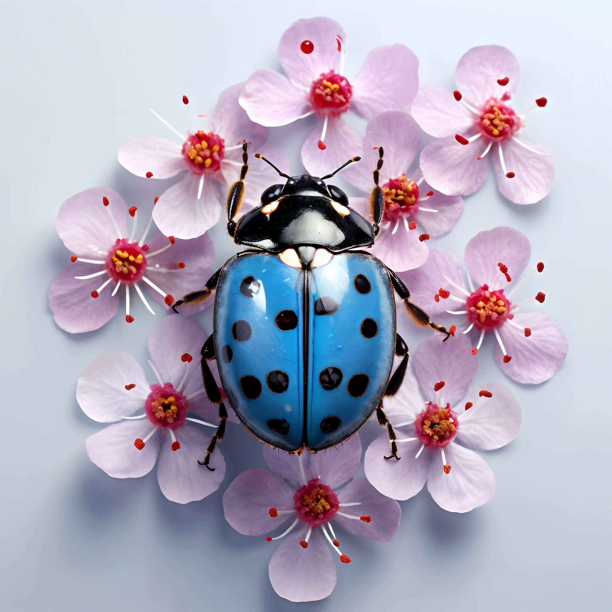 Image of a multicolored ladybug with several spots on small flowers, ((Vista de arriba hacia abajo)), hiperrealista, fondo plano ((obra maestra)),(La mejor calidad),arte oficial,CG extremadamente detallado,Unidad 8K Fondo de pantalla,ultra detallado,Altamente detallado,Antecedentes detallados,color vivo,(insecto:1.2),Knolling,fondo simple,