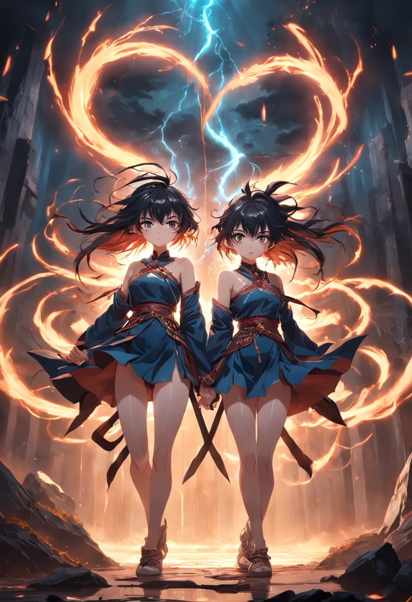 "sinister atmosphere, electric power, mysterious twins, wielding sharp spears, trendy shorts and tunics, voluminous and wild hair, adorned anklets, intertwined roots, embracing the essence of dark academia." masterpiece, 3d-rendering, fighting something,
