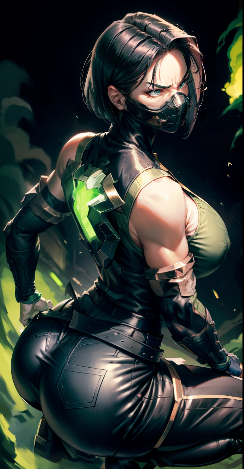 Masterpiece, Best quality,look from down，Back view，《Fearless viper》, 比基尼, mitts, belt, thigh boots, respirator, view the viewer, face, Portrait, Close-up, Glowing eyes, green smoke, Black background,huge tit，Raised chest，Bare-bodied，ass close up，angry look，Devil figure，Staring angrily at the screen，Butt against the screen，Muscle woman，Abs，Spread your legs and squat，Buttocks close up