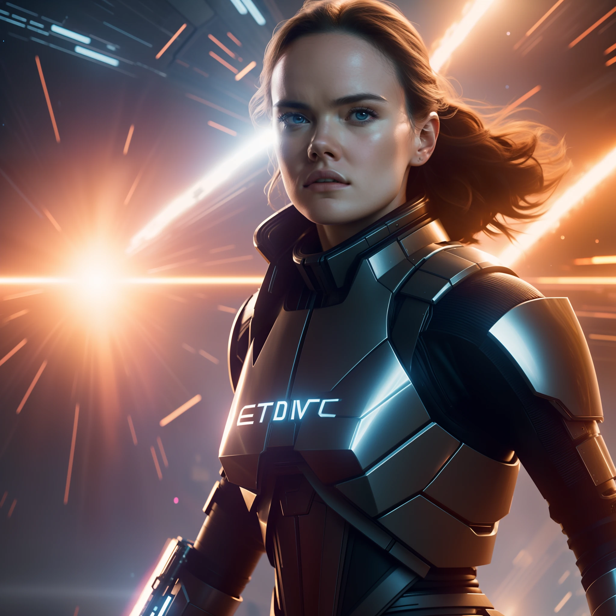 a close up action shot of epic Sci fi Hot Daisy Ridley, Detailed clothing details, Liquid effect, space, Interstellar battlefield photography, natural light, photorealism, cinematic rendering, ray tracing, the highest quality, the highest detail, Cinematic, Third-Person View, Blur Effect, Long Exposure, 8K, Ultra-HD, Natural Lighting, Moody Lighting, Cinematic Lighting