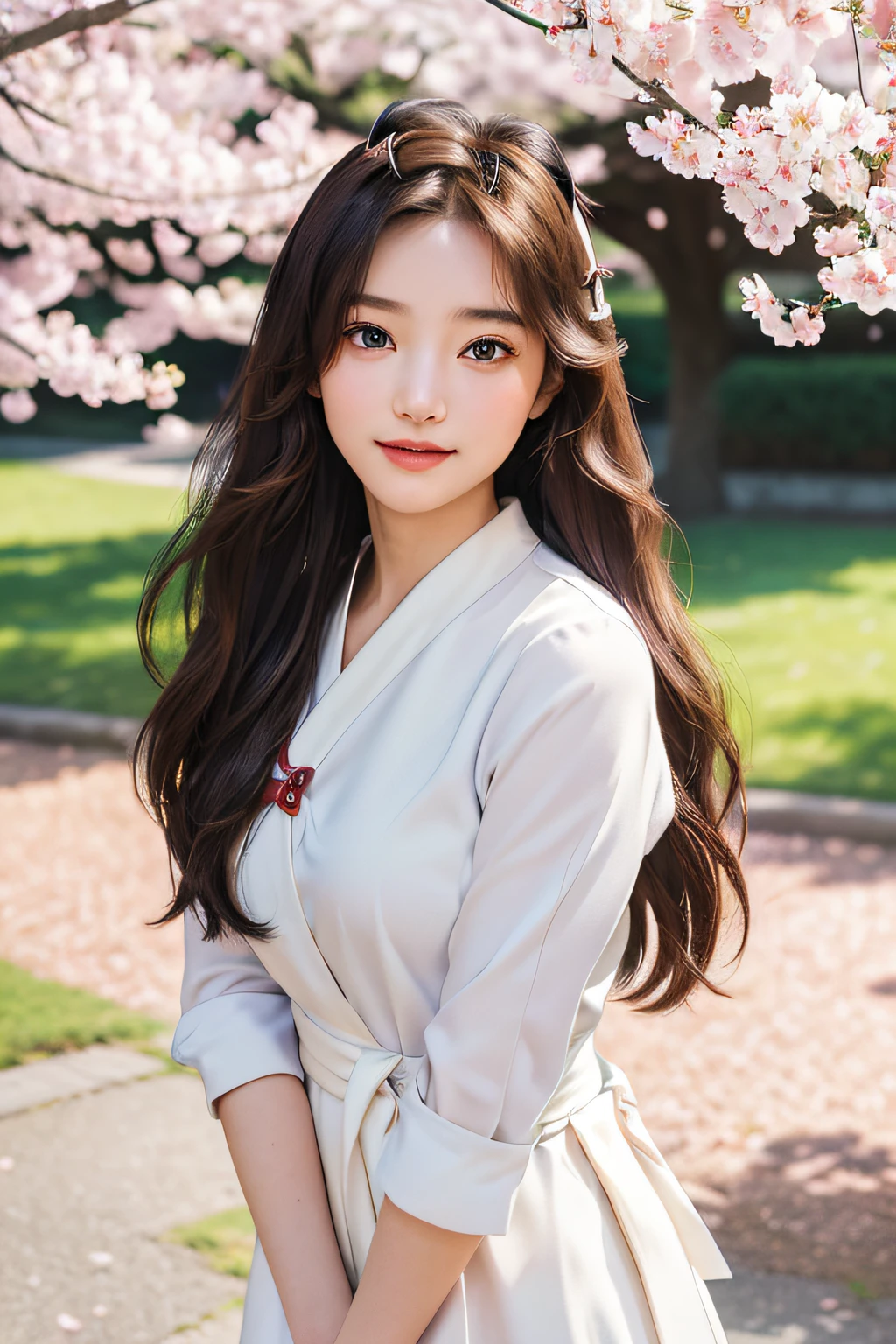 (teenage allure, 4K, high resolution, photo-realistic:1.3), a captivating portrayal of an attractive lady wearing a Japanese school uniform, (neatly tied hair with a delicate ribbon:1.2), (bright eyes that exude youth and charm:1.2), standing in a schoolyard surrounded by cherry blossom trees, (gentle petals fluttering in the breeze:1.1), soft sunlight creating a warm ambiance, (subtle smile conveying innocence and allure:1.1), (Sony Alpha 6400 camera, ideal for capturing youthful charm:1.2), (paired with a Sony E 50mm f/1.8 OSS lens:1.2), (capturing her youthful charm with precision:1.1), (emphasizing the timeless beauty of a school setting:1.1), (highlighting her innocent yet alluring presence:1.1), (the image evoking a sense of youthful elegance and nostalgia:1.1).