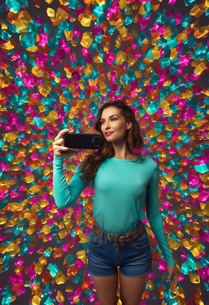 Woman taking a selfie looking at the camera, gengibre com sardas, perfectly proportions, Imagem centralizada, light particles, caprichoso, visualmente rico, cinemactic, Mschiffer, Arte do papel de parede, Papel de parede UHD, Holographic