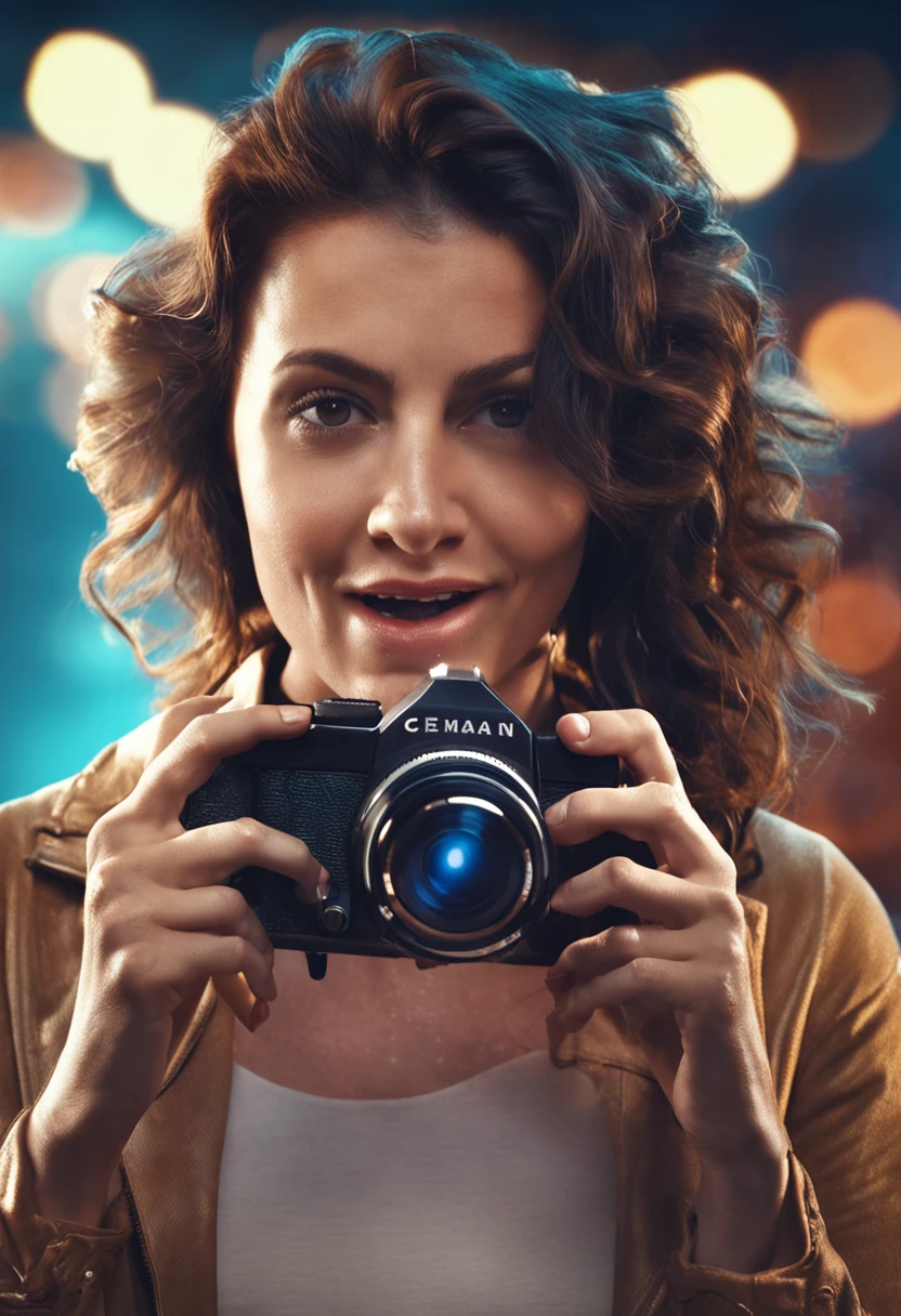 Woman taking a selfie looking at the camera, gengibre com sardas, perfectly proportions, Imagem centralizada, light particles, caprichoso, visualmente rico, cinemactic, Mschiffer, Arte do papel de parede, Papel de parede UHD, Holographic