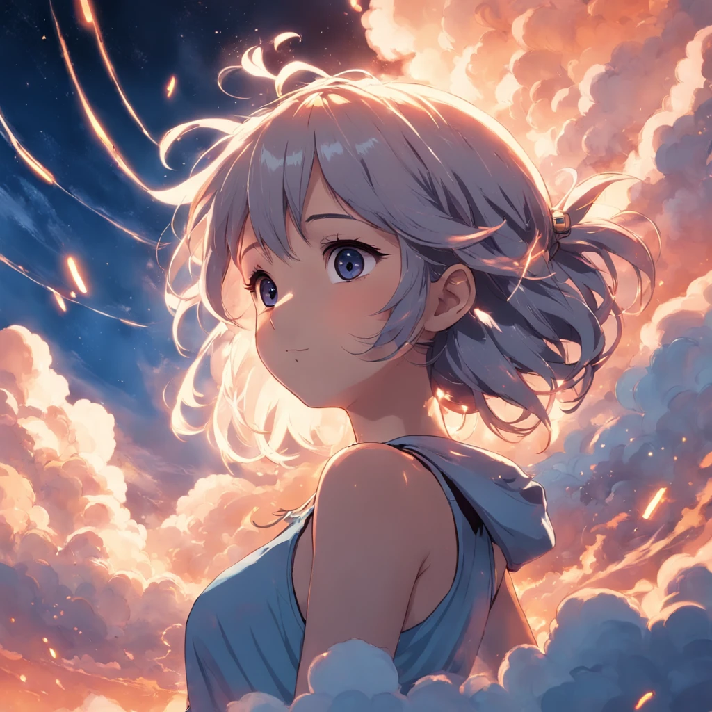 masterpiece, best quality, movie still, 1girl, cloud girl, floating in the sky, close-up, bright, happy, warm soft lighting, sunset, (sparks:0.7)