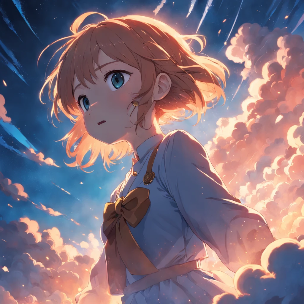 masterpiece, best quality, movie still, 1girl, cloud girl, floating in the sky, close-up, bright, happy, warm soft lighting, sunset, (sparks:0.7)