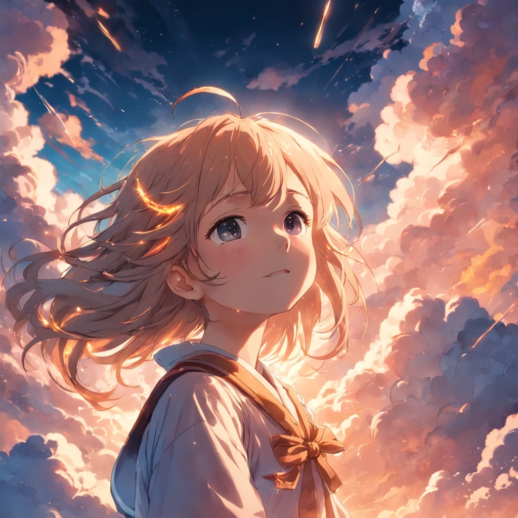 masterpiece, best quality, movie still, 1girl, cloud girl, floating in the sky, close-up, bright, happy, warm soft lighting, sunset, (sparks:0.7)