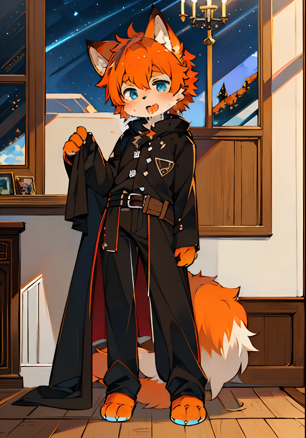 (ambiente dark:0.8),masterpiece,high quality,abstract res,digital painting\(artwork\), by dagasi, yupa,kiyosan,(anthro,fluffy fur,character focus:1.1),anthro male cat,short hair,portrait , eyes with brightness, in a panoramic view, Character focus.(detailedbackground:0.7), 独奏, shaggy, shaggy male, malefocus, anthr,(Full Body Furry, Fluffy tail, Orange fur, Sky blue eyes, Orange hair:1.2), (long canines、Black cargo coat、Red triangular saliva towel），（interiors、the night、borgar）