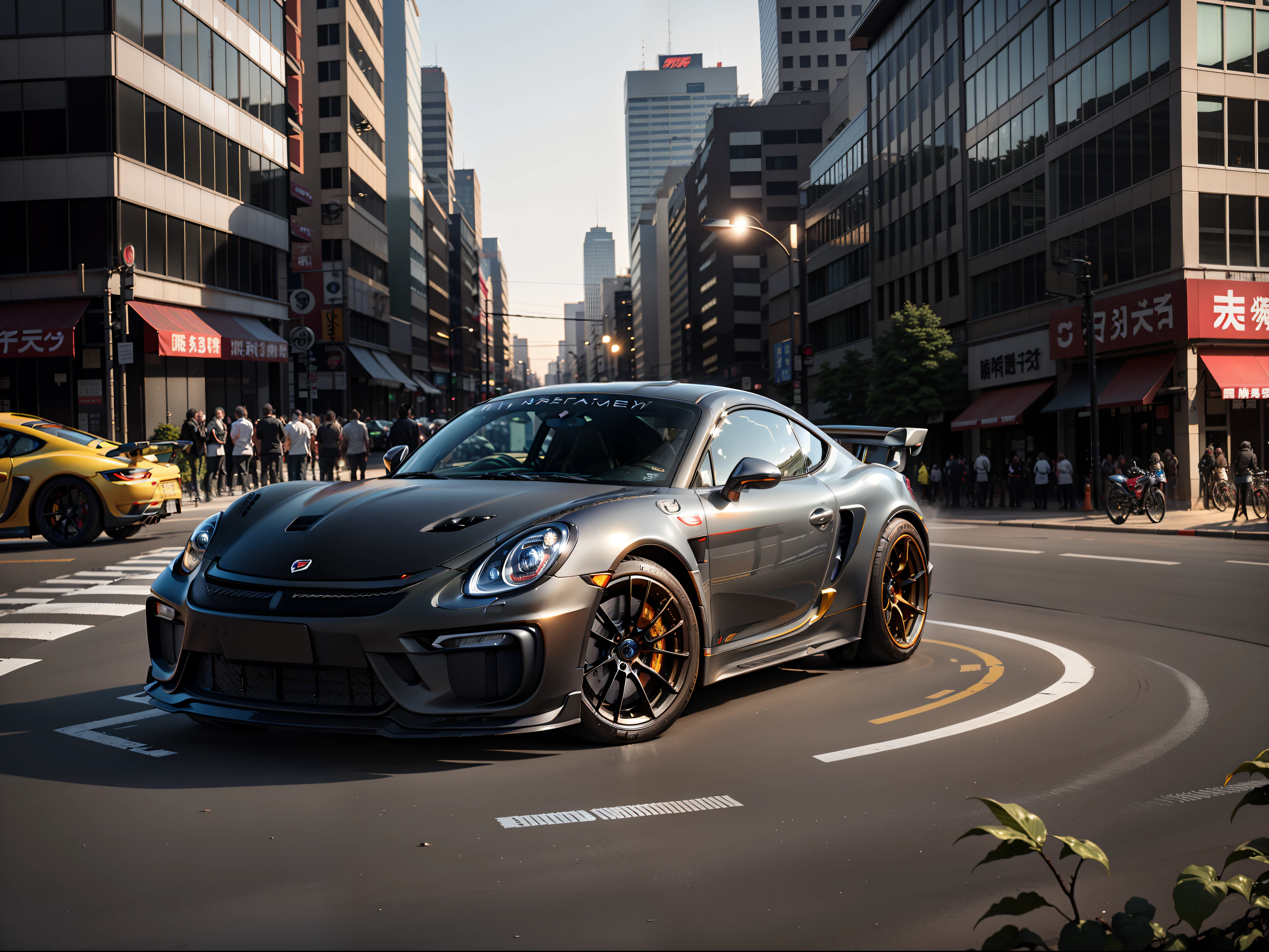 （Ultra-photorealistic quality）、Ultra-fine painted surface、masuter piece，8k wallpaper，nffsw，Ultra-high image quality，light and shadow effect 、((Dark Grey Cayman GT4 RS　1Car)), Gran Torismo logo decal at wind window、The hood is wet carbon、The ride height is quite low、Forged bronze color wheel、Slightly larger rear wheel、lean forward a little、Front lights have a light smoke finish、Scramble crossing in Shibuya、city light at night、All four wheels have a slightly negative camber angle、Wearing race tires、Professional Outdoor Lighting、Model 981。