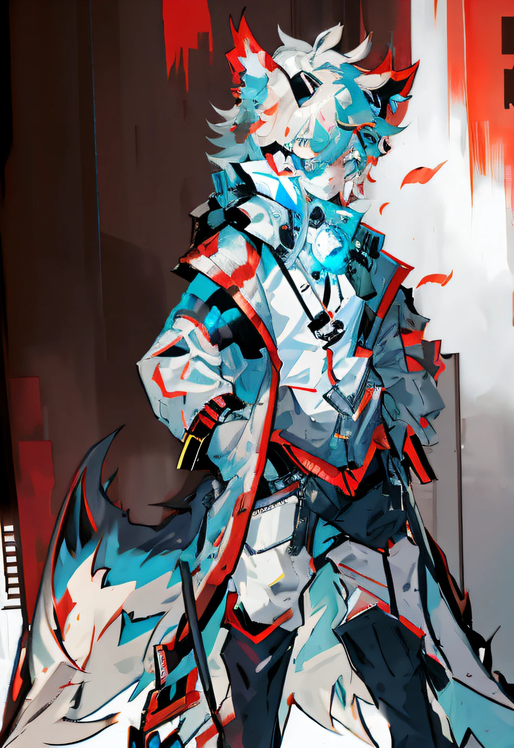 eyes with brightness,Bust photo of the character,Q version,头像框, Character focus,独奏, shaggy, Furry male wolf, Gray fur for men, The red dragon's eyes have no hair, style,Little cute, Will sell moe,Wear a gray coat and pants anime - anthropomorphic cyberpunk-style werewolf characters,Wear a gray battle jacket。On the left side wears a sharp blue sword,The sword body is technically blue,A katana with a red blade on the right,Red pupils,Long tail