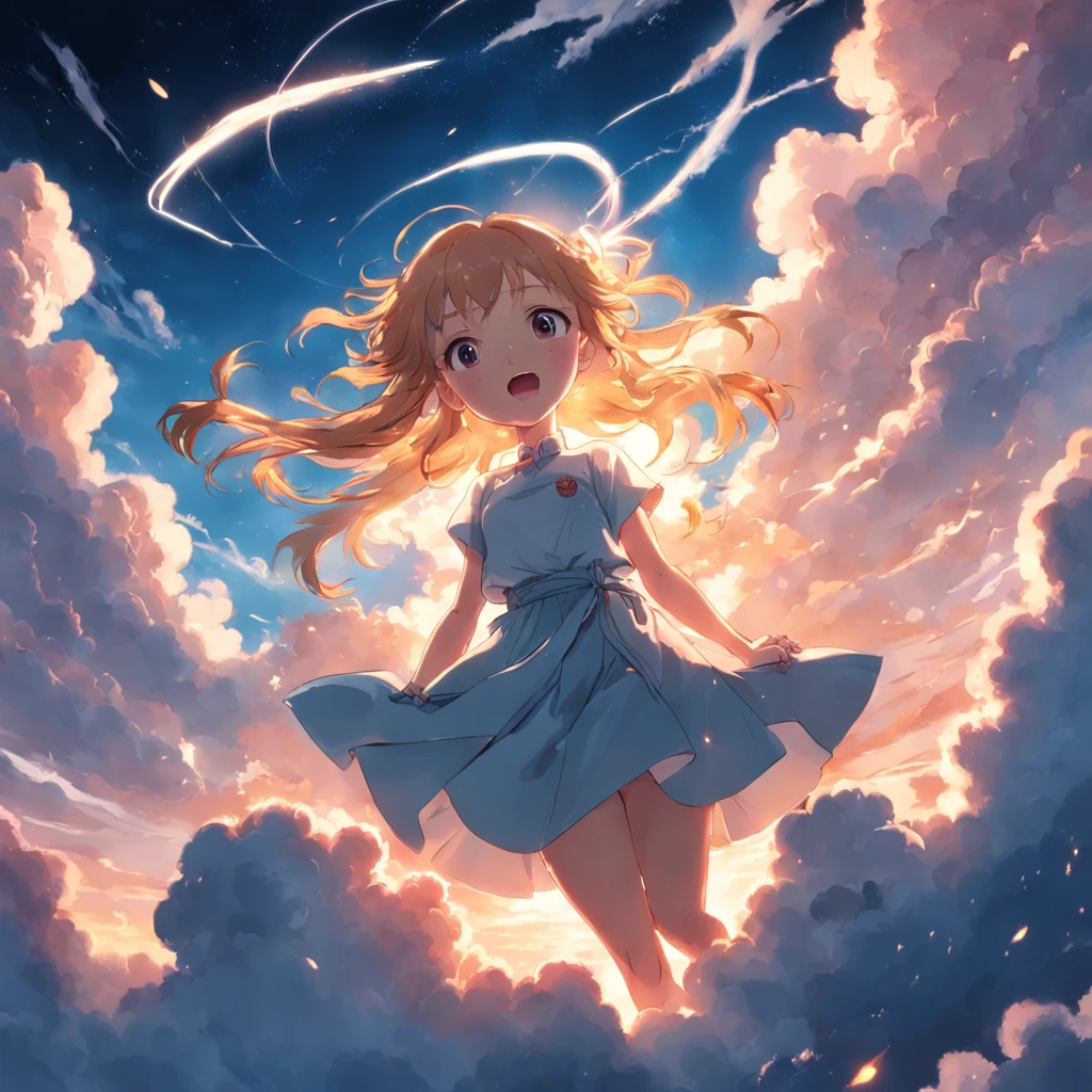 masterpiece, best quality, movie still, 1girl, cloud girl, floating in the sky, close-up, bright, happy, warm soft lighting, sunset, (sparks:0.7)