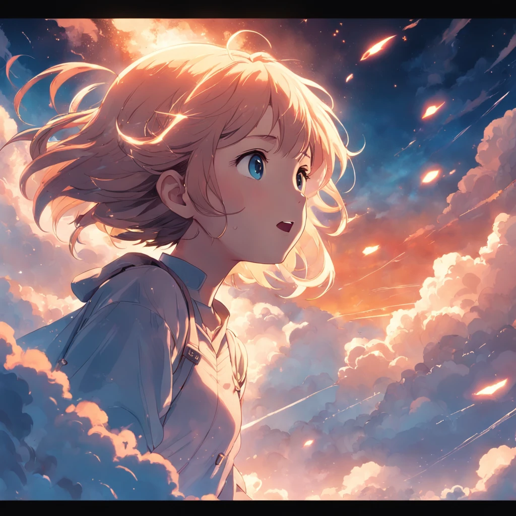 masterpiece, best quality, movie still, 1girl, cloud girl, floating in the sky, close-up, bright, happy, warm soft lighting, sunset, (sparks:0.7)