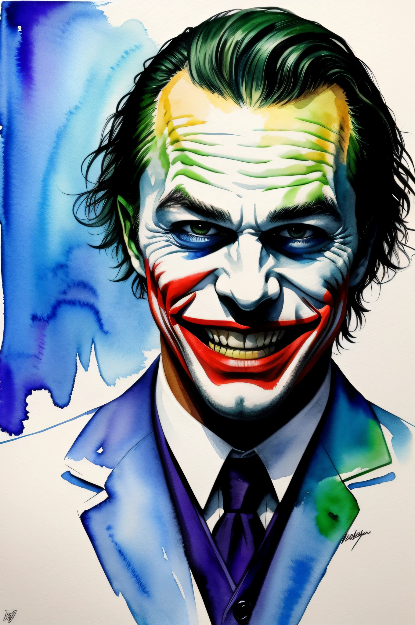 Full body shot, 35 mm,Low angle, Photorealistic, ultra-sharpness,Ultra Detail pays homage to Heath Ledger's iconic portrayal of the Joker in a memorable watercolor portrait. Capture his charming smile and chaotic essence with fluid brushstrokes. Bright colors and expressive lines reflect the unpredictability of mysterious characters. The image retains the haunting charm of Ledger's performance with a captivating watercolor rendition.