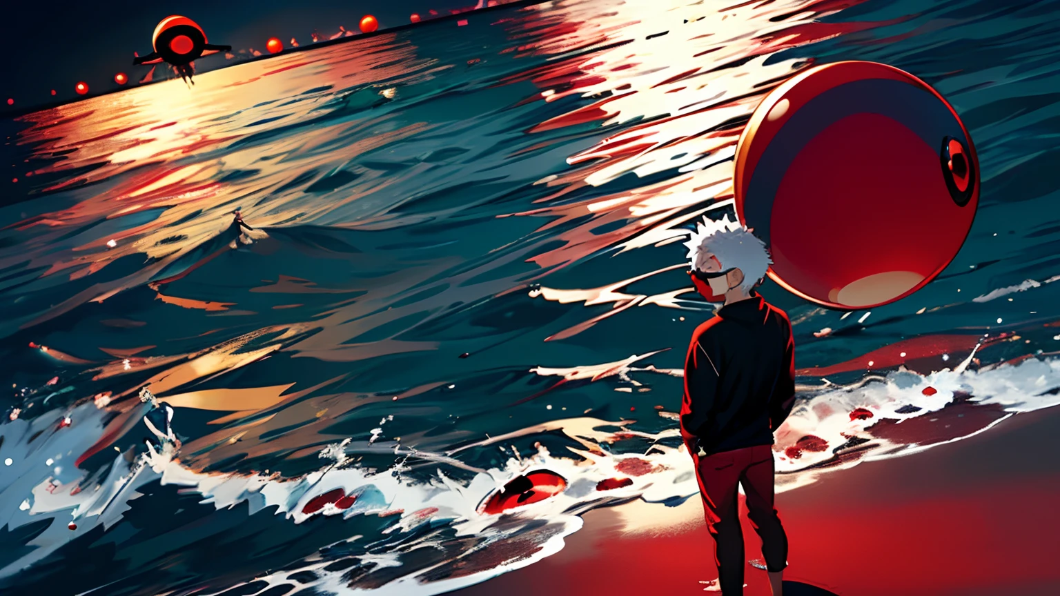 from afar, ((night)), beach, calm water without waves, boy standing on the beach sand,messy spiky white hair, light blue eyes, black clothing, rounded sunglasses, (dark red sphere slipping in water:1.5),