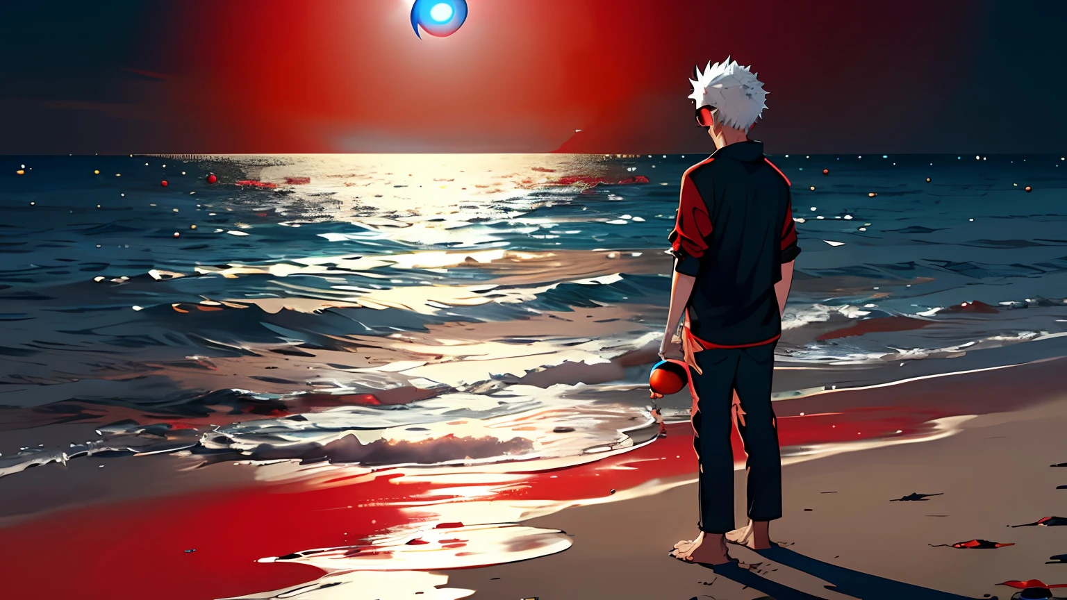 from afar, seen from back, ((night)), beach, calm water without waves, boy standing on the beach sand,messy spiky white hair, light blue eyes, black clothing, rounded sunglasses, (dark red sphere slipping in water:1.5),