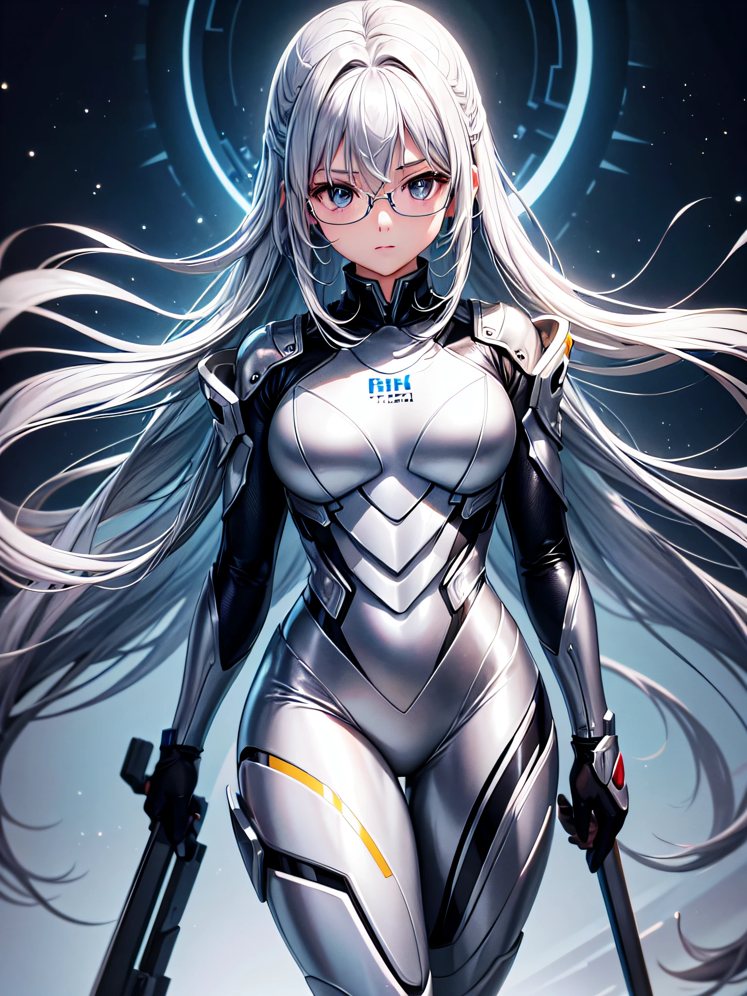 8K UHD、Silver-haired and small-nosed beauty in shiny silver full-body rider suit with glasses standing with legs open facing the front、Wearing a silver metallic rider suit、Upper Body Up