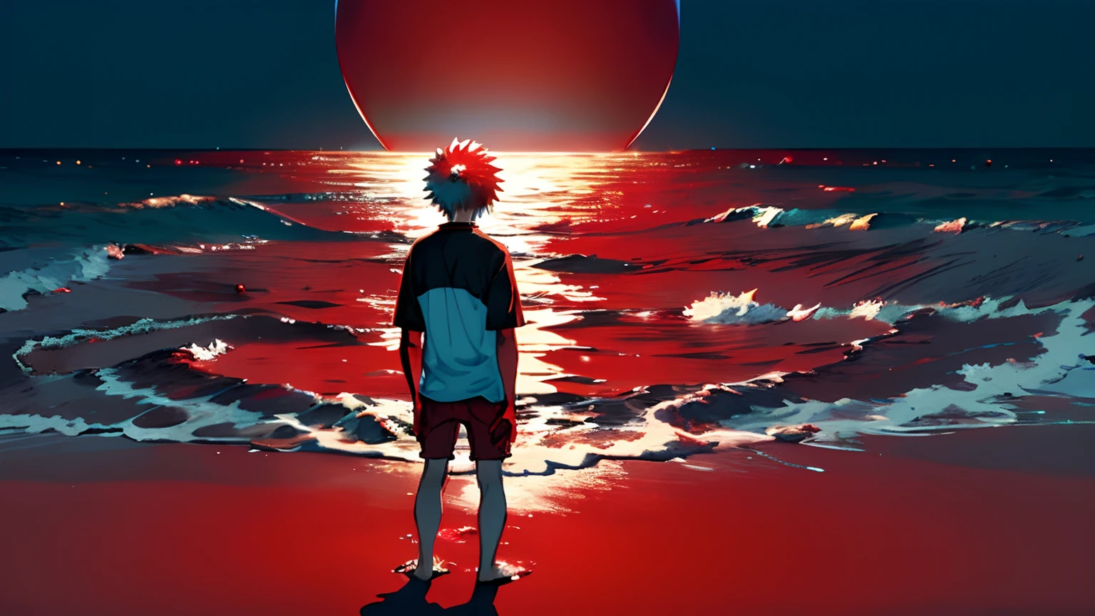 from afar, seen from back, ((night)), beach, calm water without waves, boy standing on the beach sand,messy spiky white hair, light blue eyes, black clothing, rounded sunglasses, (dark red sphere slipping in water:1.5),
