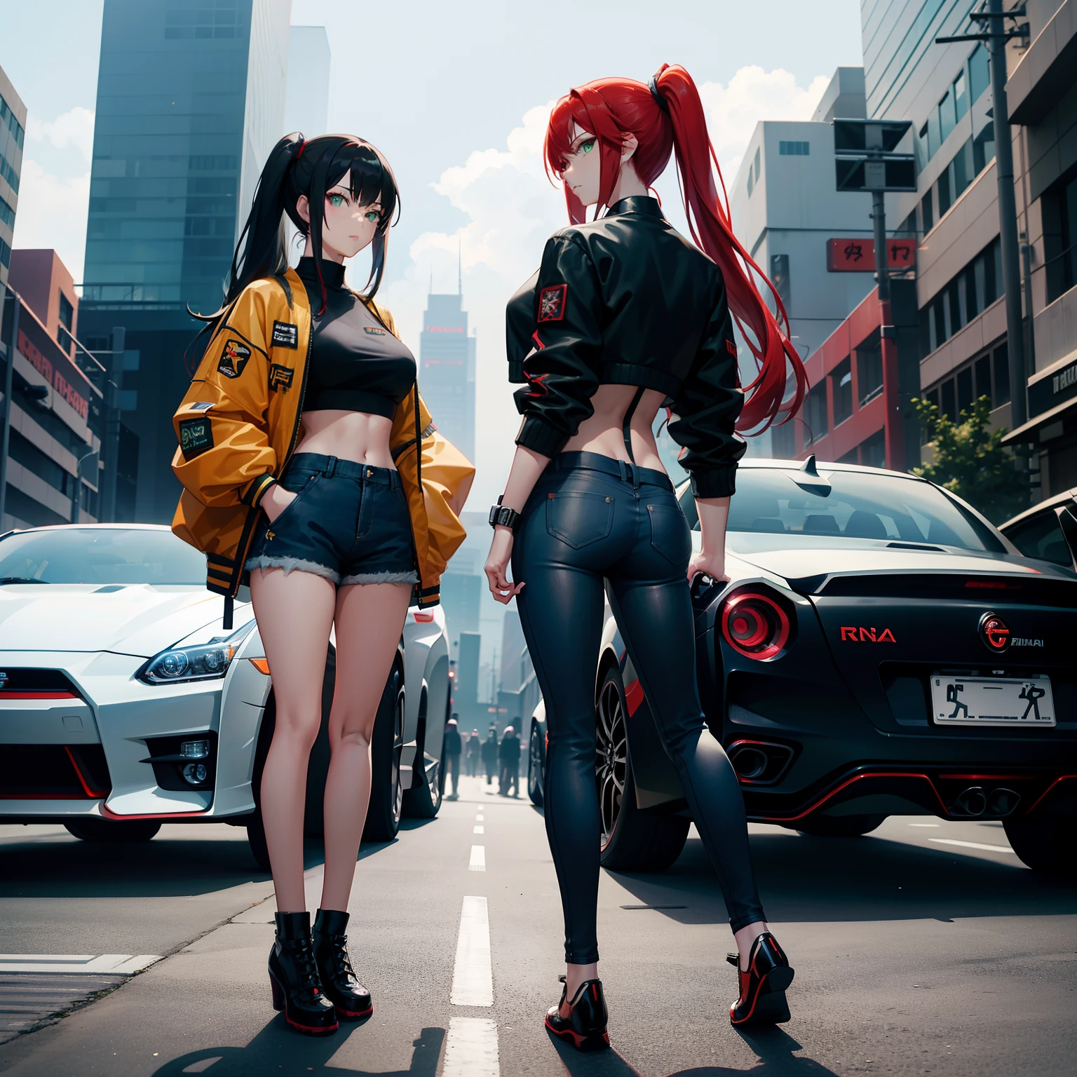 Full body shot, female asian Irina Shidou red hair twintails green eyes, standing next to a Nissan GT-R in a cyberpunk city, wearing a bomber jacket and crop top and denim shorts, standing next to a Nissan GT-R, side shot, back shot, shot from backside, behind shot, masterpiece, highly detailed