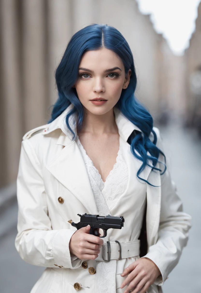 Action scenes in Western movies, Blue-haired Alyssa White-Gruz, Wearing a white trench coat, Shirts and cowboy hats walk into a salon with a pistol ((pointing at viewers)). full bodyesbian