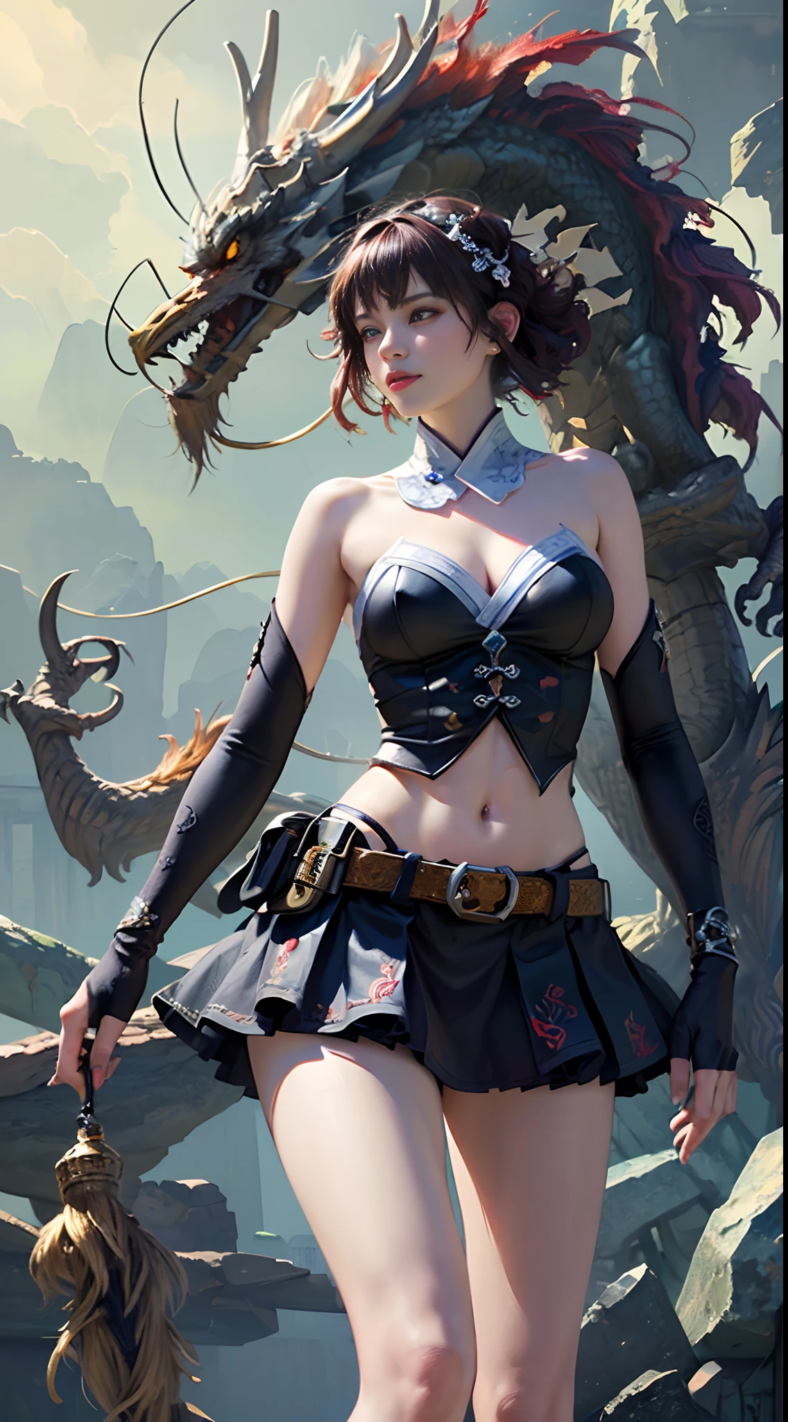 Official Art, Unified 8K Wallpapers, Ultra Detailed, Beautiful and Aesthetic, Masterpiece, Best Quality, (Zentangle, Tangle, Entangle), (fractal art: 1.4), (character center: 1.3), 1girl, black hair, Chinese, off-the-shoulders, short skirt, calf, navel, very detailed, dynamic angle, cowboyshot, (most beautiful form of chaos), ethereal, (bright colors), oc, (half: 1.2), china, (thangka flying sky: 1.5), (ribbon: 1.3), (dream: 1.5), (hanfu: 1.5), Chinese dragon, Chinese phoenix, (smile: 0.5), ( Chinese deities),unreal engine:1.4,UHD, ultra realistic 16k cg,Best quality:1.4, photorealistic:1.4, skin texture:1.4, masterpiece:1.8, extremely detailed:1.4, best quality,beautiful eyes,