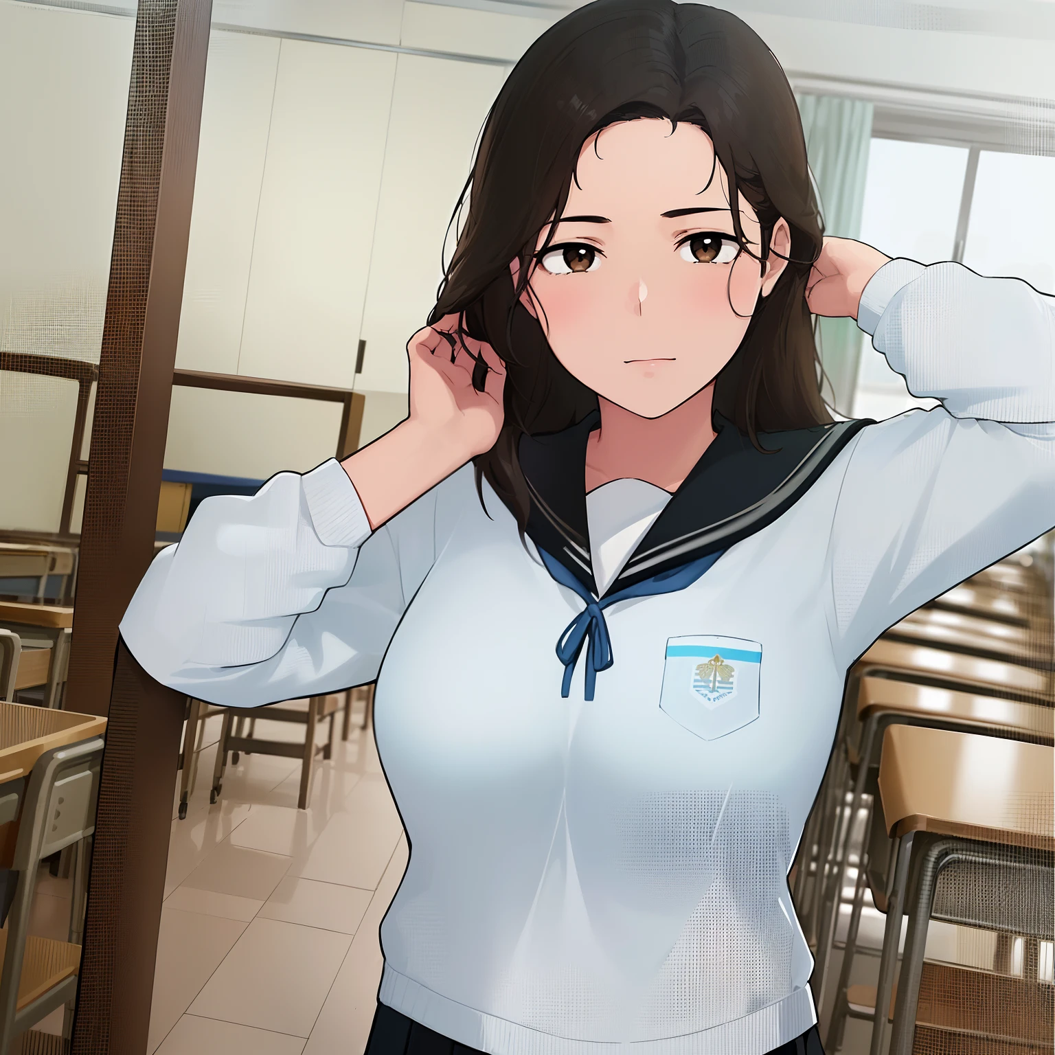 NTRman, obra maestra, La mejor calidad, ((1girl)), arms behind your head, brazos ARRIBA, ((ager), ((school uniform)), cabello negro, senos, brown eyes, boca cerrada, contemporary, (Primer plano de la cara y el pecho), mirada coqueta, Enrojecida, Cabello sobre el hombro, cabello lacio, ((senos grandes)), Cabello largo, mirando al espectador, ((colegiala)), ((solamente)),