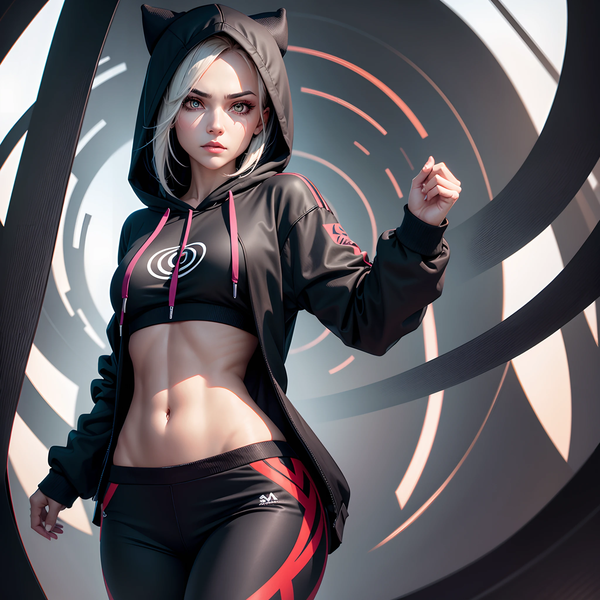Generate an intriguing half body potrait image featuring a 1woman dressed in a full-sleeve hoodie and full black pants with full of evil eye print Jogger pants, half body potrait