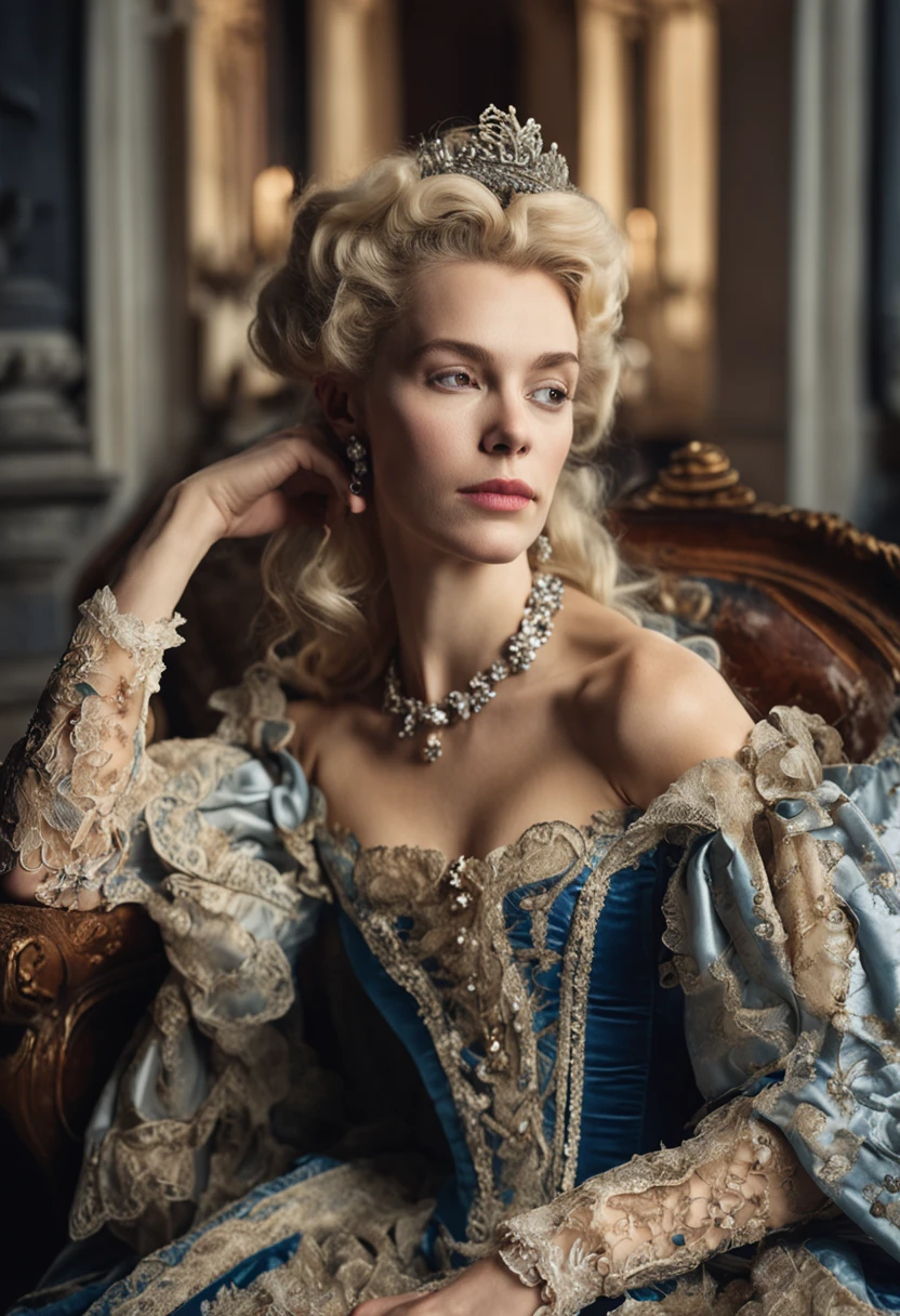 A blonde woman in a dark blue dress sits on a chair in the palace, rococo queen, historical baroque dress, aristocratic clothes, rococo fashion, ornate royal gown, wearing a noblewoman's outfit, Rococo dress, intricate costume design, in a fancy elaborate dress, royal robe, 1 7 th century duchess, baroque dress,Plump and large breasts,ssmile,Gorgeous appearance,Three-quarters side,Beautiful,Delicate facial features,Low-cut clothing