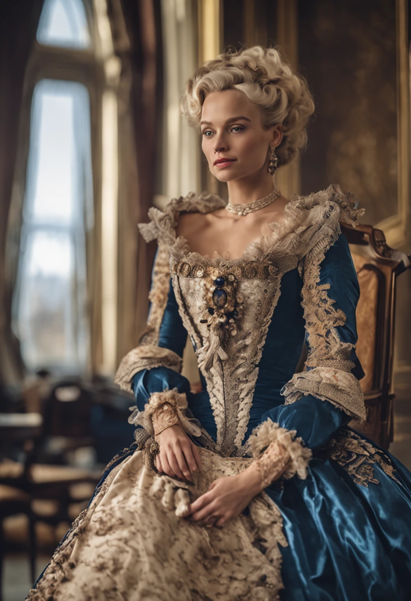 A blonde woman in a dark blue dress sits on a chair in the palace, rococo queen, historical baroque dress, aristocratic clothes, rococo fashion, ornate royal gown, wearing a noblewoman's outfit, Rococo dress, intricate costume design, in a fancy elaborate dress, royal robe, 1 7 th century duchess, baroque dress,Plump and large breasts,ssmile,Gorgeous appearance,Three-quarters side,Beautiful,Delicate facial features,Low-cut clothing