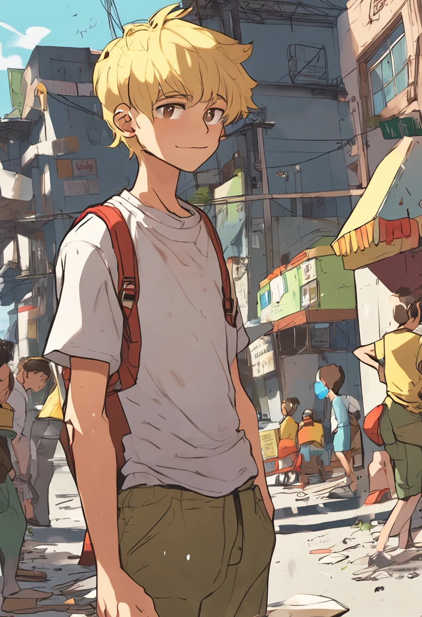 A sixteen-year-old young tanned blonde boy Mika,A sporty figure,Hair cut short around the ears,The bangs are long, Wear a yellow T-shirt and green shorts, Kneeling in a small shop with office supplies, Holding two red notebooks in his hand, Other colorful notebooks were scattered around him