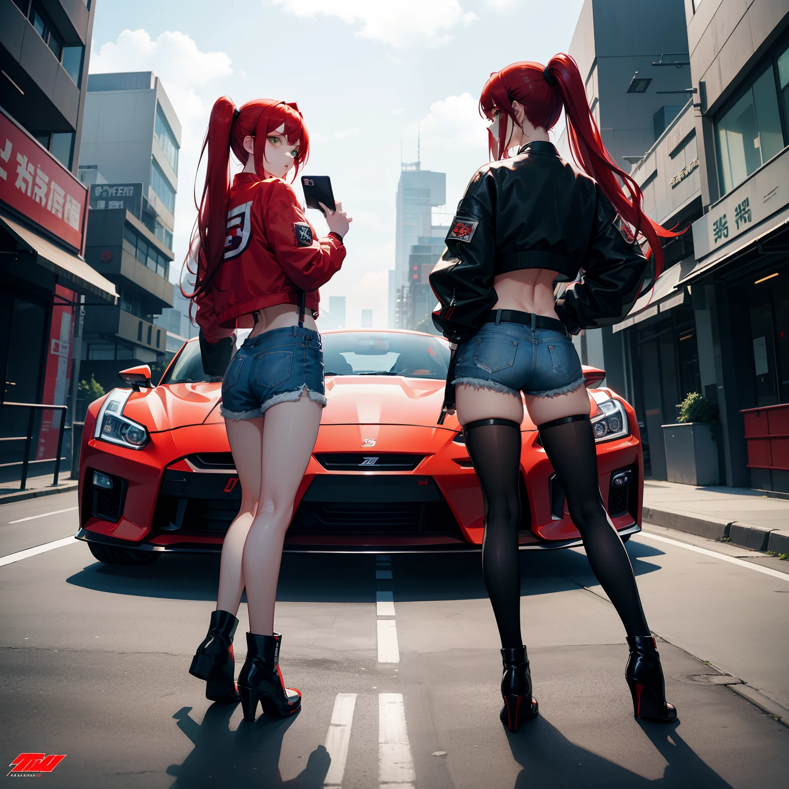 Full body shot, female asian Irina Shidou red hair twintails green eyes, standing next to a Nissan GT-R in a cyberpunk city, wearing a bomber jacket and crop top and denim shorts, standing next to a Nissan GT-R, side shot, back shot, shot from backside, behind shot, masterpiece, highly detailed