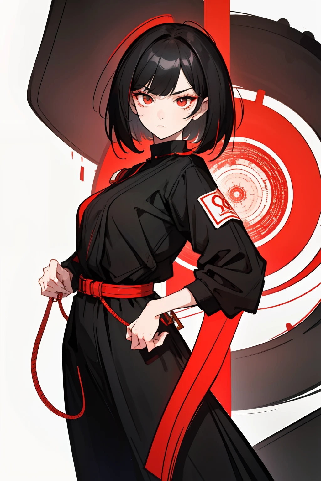 1girl, short black hair, red eyes, wearing black simple clothing, high res, ultrasharp, 8K, masterpiece, looking at viewer, central character. She stands confidently in the center, with a determined expression on her face. The background is fully white, fashionable, woman, vibrant, outfit, posing, front, colorful, dynamic, background, elements, confident, expression, holding, statement, accessory, majestic, coiled, around, touch, scene, attention-grabbing, stylish, catchy,  larger, striking, modern, trendy, focus, fashion,