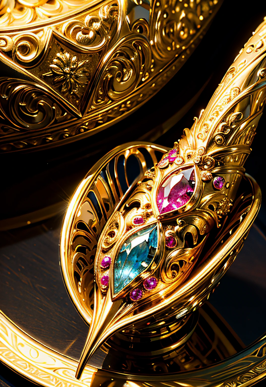 masterpiece、top-quality、top-quality、(Close-up photo of glittering jewels in artistic golden vessels)、ighly detailed、colourfull、highestdetailed