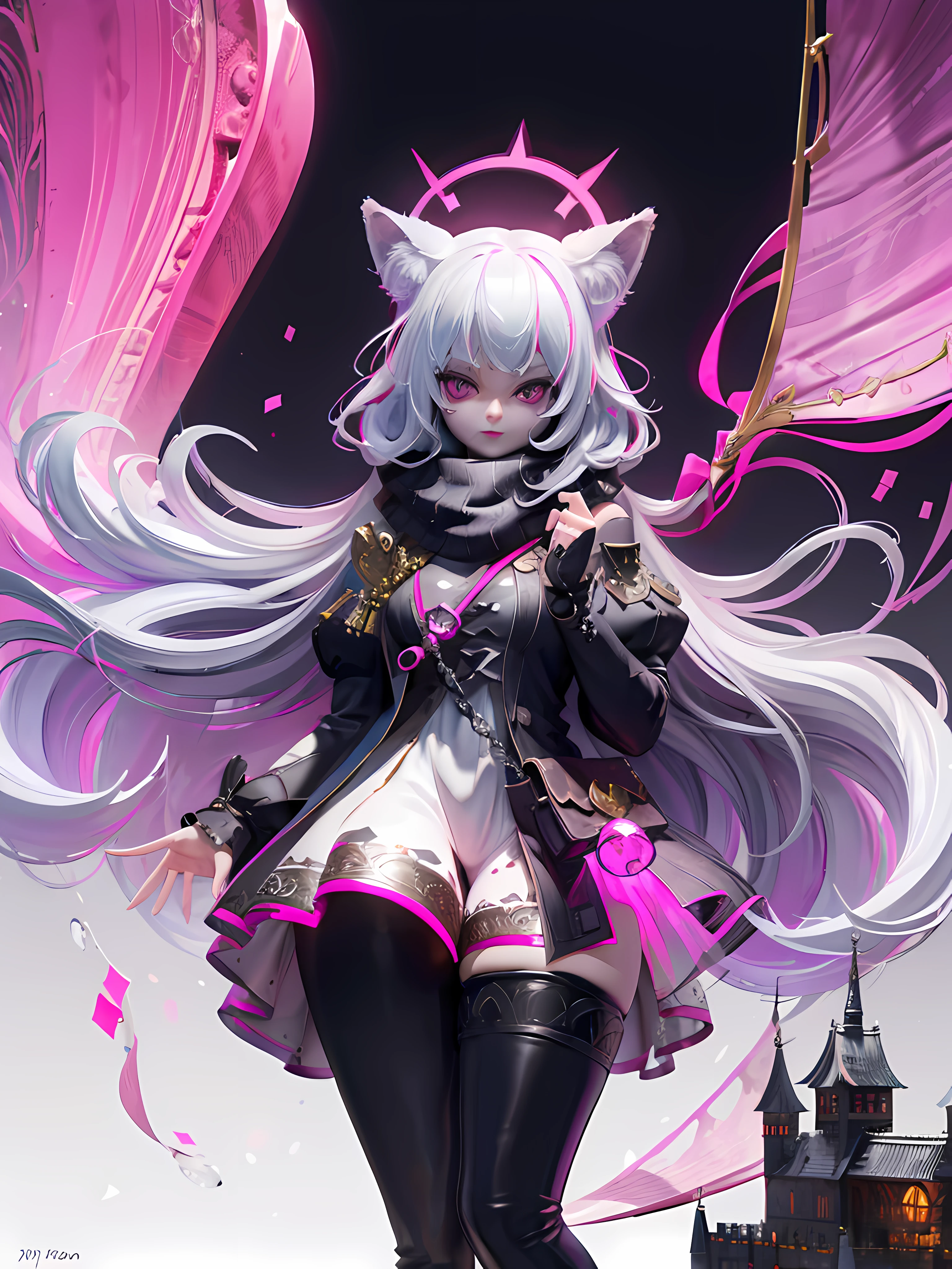 1girl, long white hair, pink eyes, black scarf, wolf ears, maiden outfit, castle in the background, 8k, high resolution, intricate details, ultrasharp, masterpiece, looking at viewer