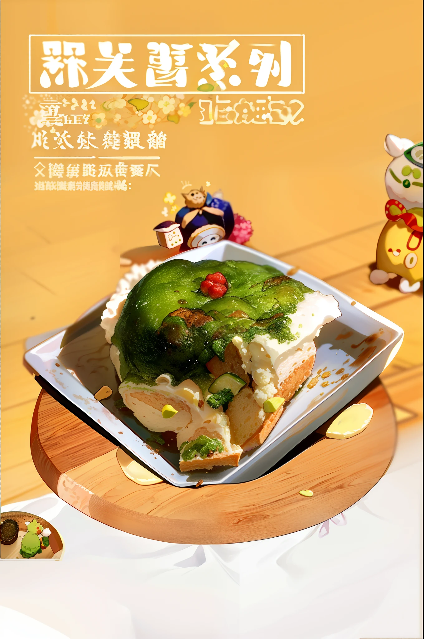 There was a cake on the plate,It has green frosting on it, stuffed, Chiba Yuda, Wang Chen, Fluffy, su fu, sludgy, smoothly, Middle metaverse, detailled image, komono, 🪔 🎨;🌞🌄, fluffy''