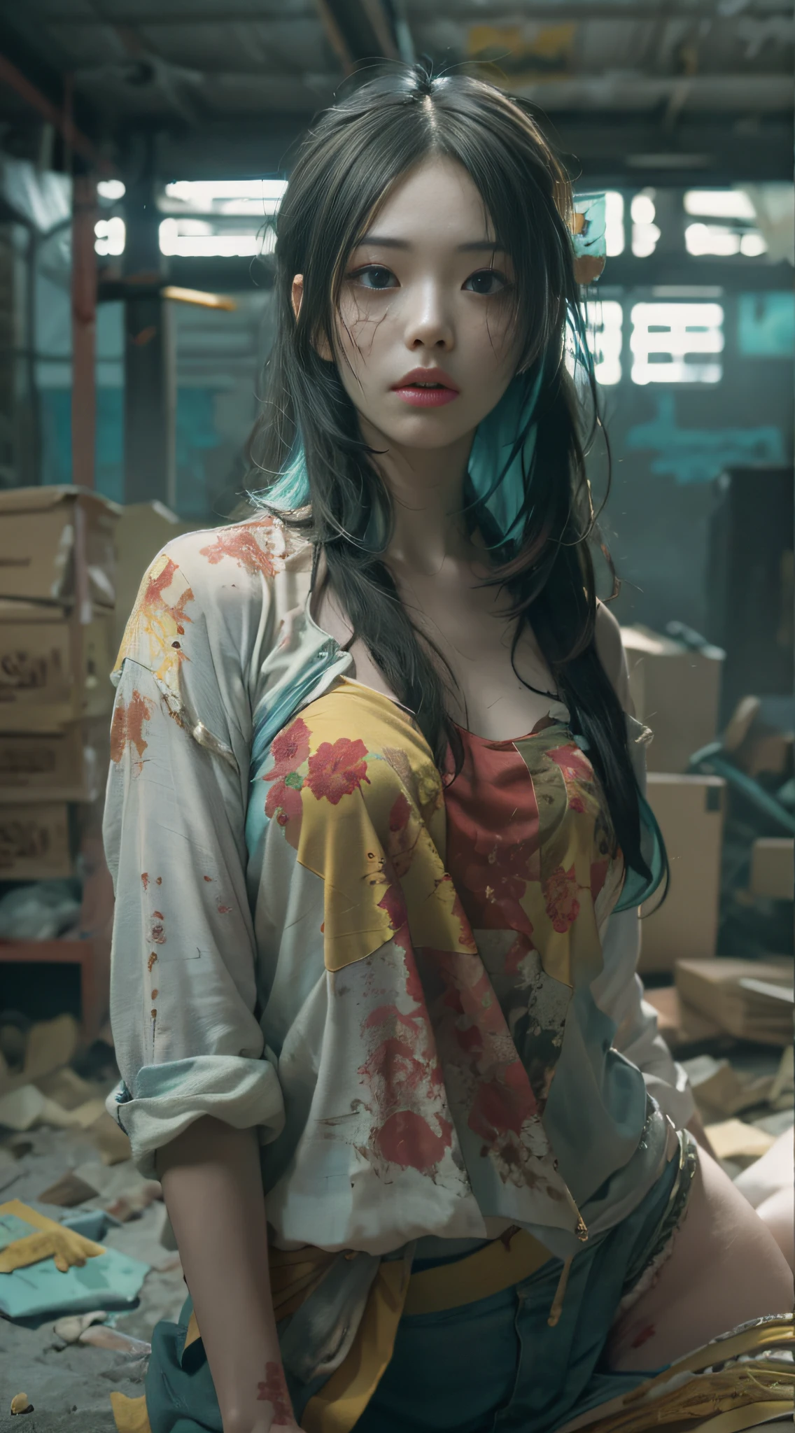 RAW, masterpiece, super fine photo, best quality, super high resolution, realistic, sunlight, a beauty with yellow rune paper on her face, female zombie, hong kong lam cheng ying zombie movie character, cyan skin, fair skin, amazing beauty, dynamic pose, delicate face, abandoned warehouse background, messy, gorgeous, high detail skin, realistic skin detail, sharp focus, volumetric light, 8k UHD, DSLR, high quality, film grain, realism, lomography