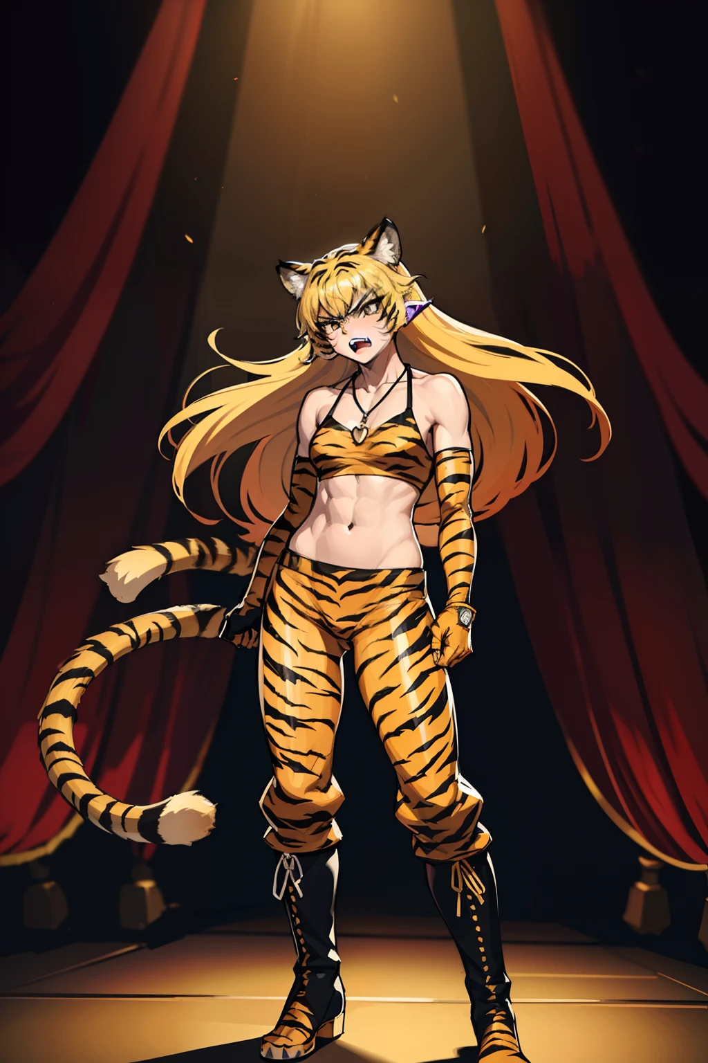 20yo, 1girl, solo, (angry:1.2), small chest, (muscular:1.2), (fangs:1.2), (blonde long hair, tiger print bang:1.2), (tiger ears, locket necklace, triangle locket, black sport bra, tiger print long pant, tiger print elbow gloves, black knee boot:1.2), dynamic view, (pow pose:1.2), on stage, stadium in background, (dim light:1.4), spot light on head