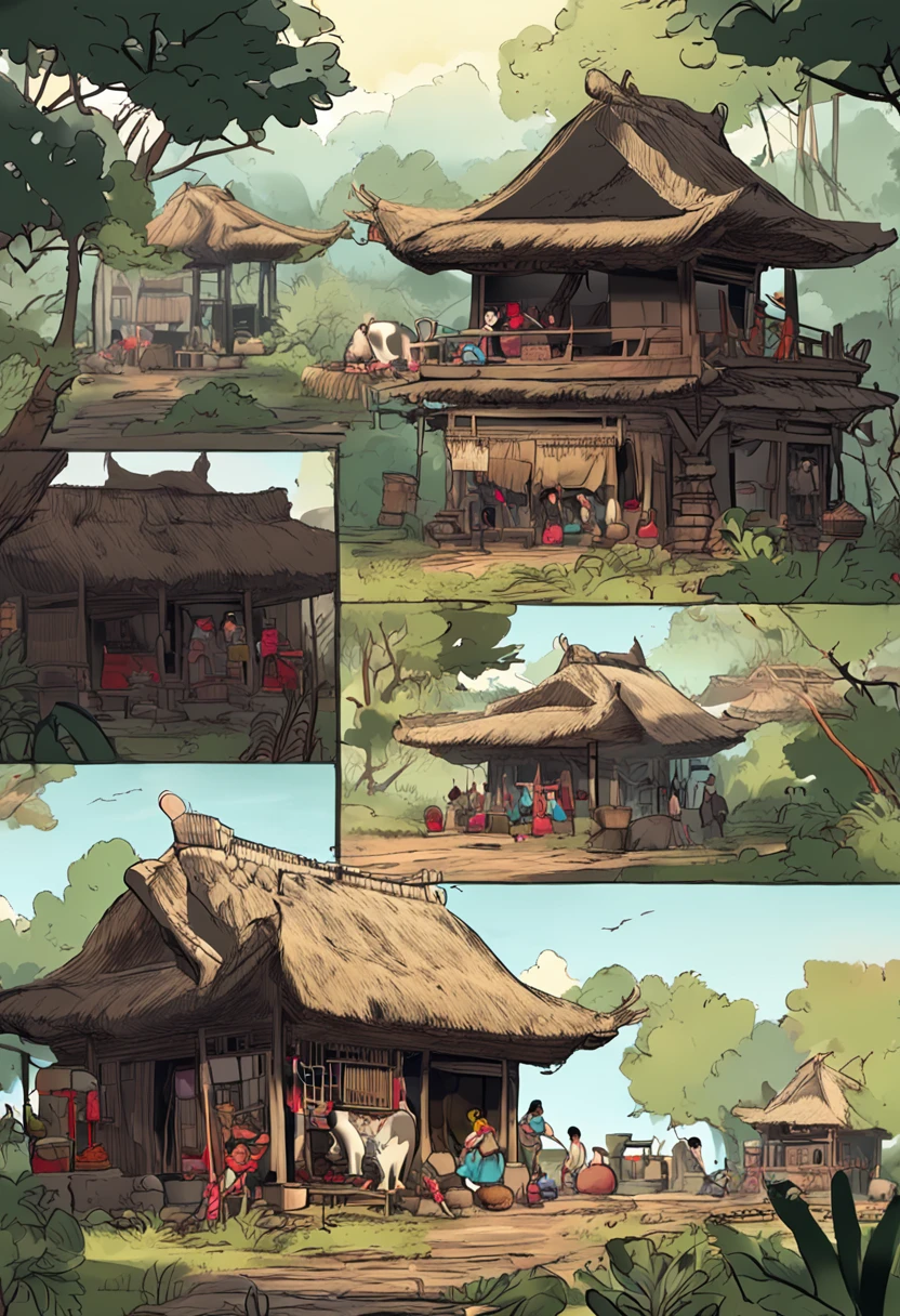 Tian Luo girl，cook，thatched hut、Tank