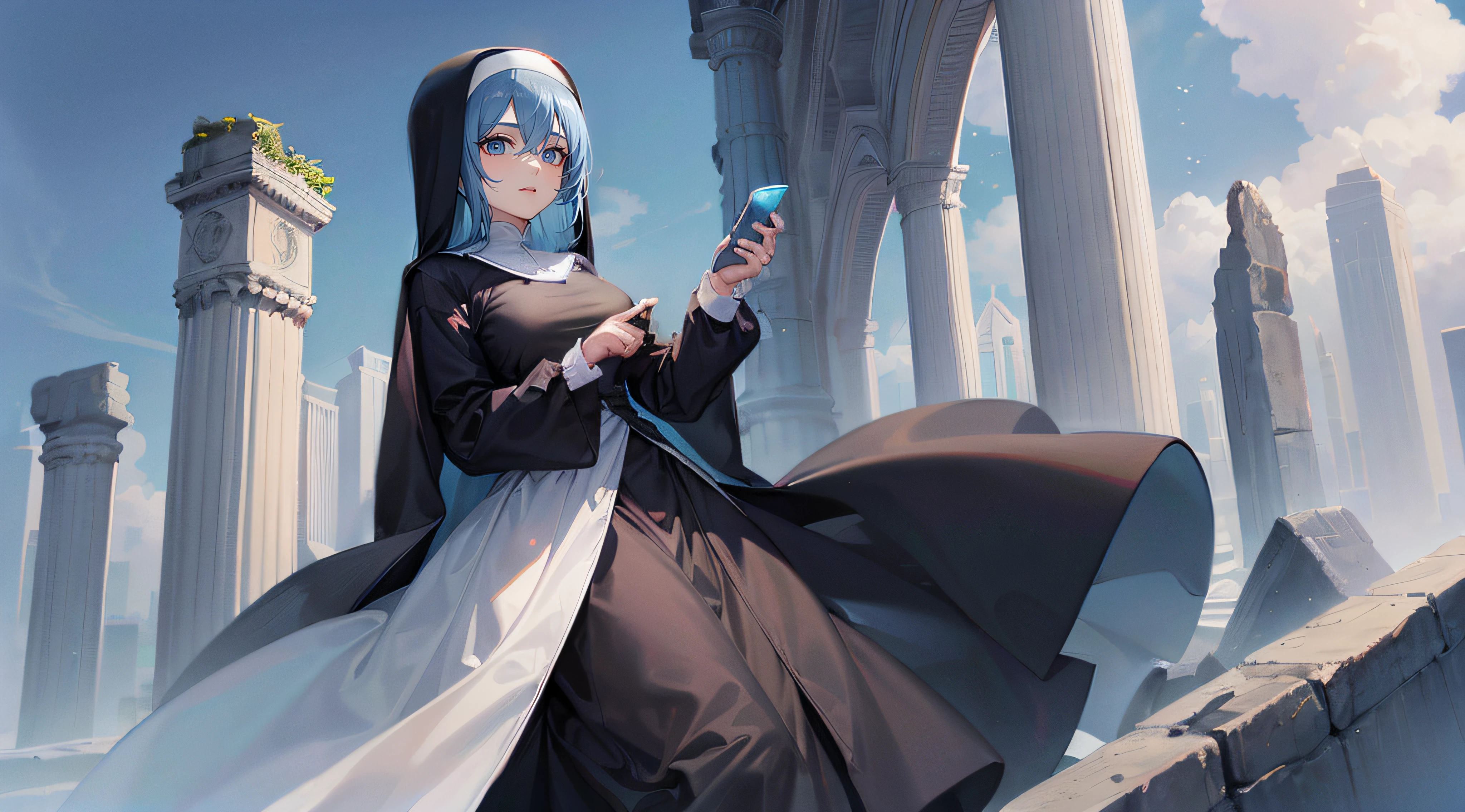 1girl, proper clothing, nun, elegant, lady, mature, tall woman, (Topaz blue hair: 1.2), ruins, sky, detailed face, cute face, detailed hair