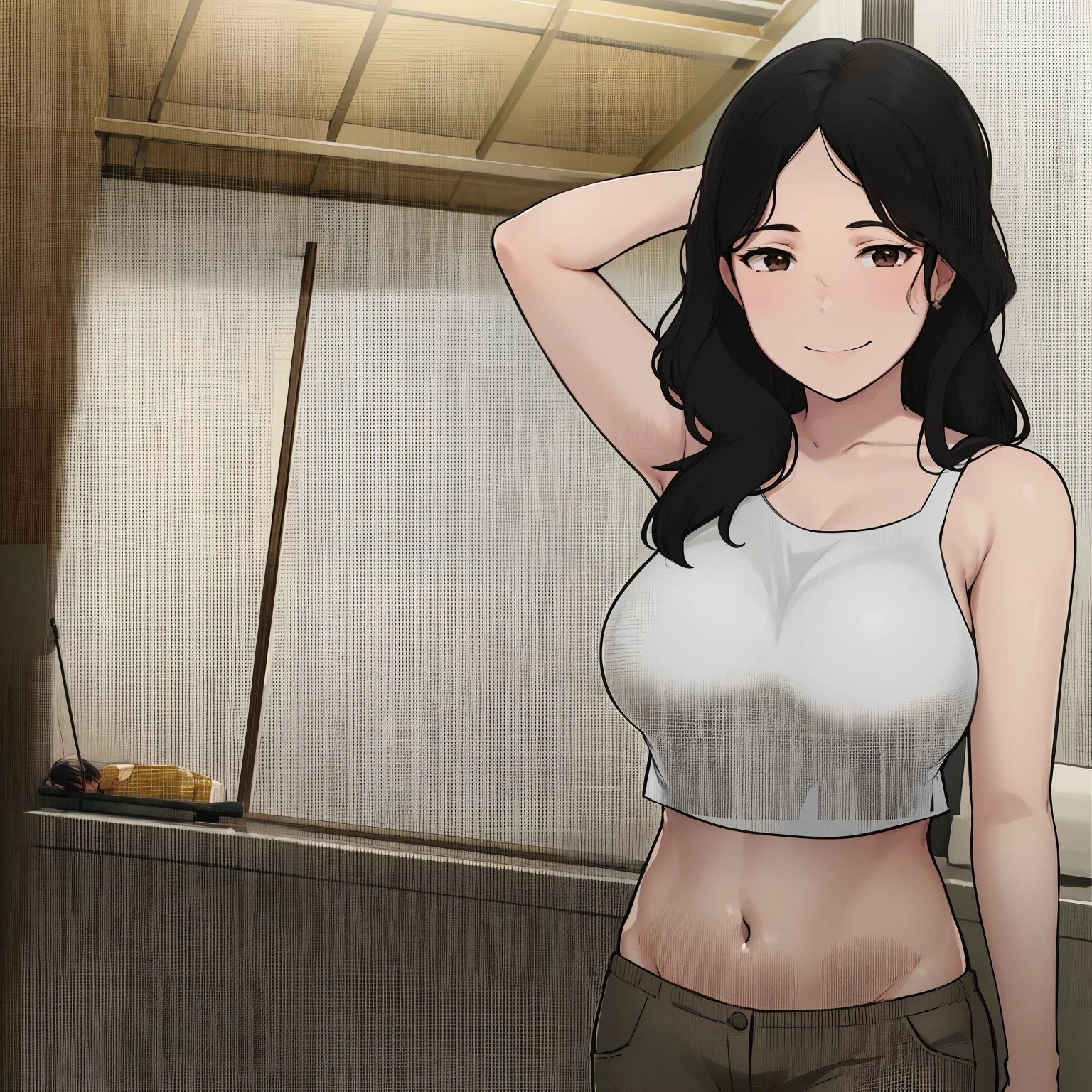 <lora:SooAh:0.9> sooahdef, black hair, blue eyes, short hair
looking to the side, solo, breasts, parted lips, large breasts, looking away, camisole, cowboy shot, 1girl, black shorts, shorts, short shorts, bare shoulders, collarbone, cleavage
masterpiece, best quality