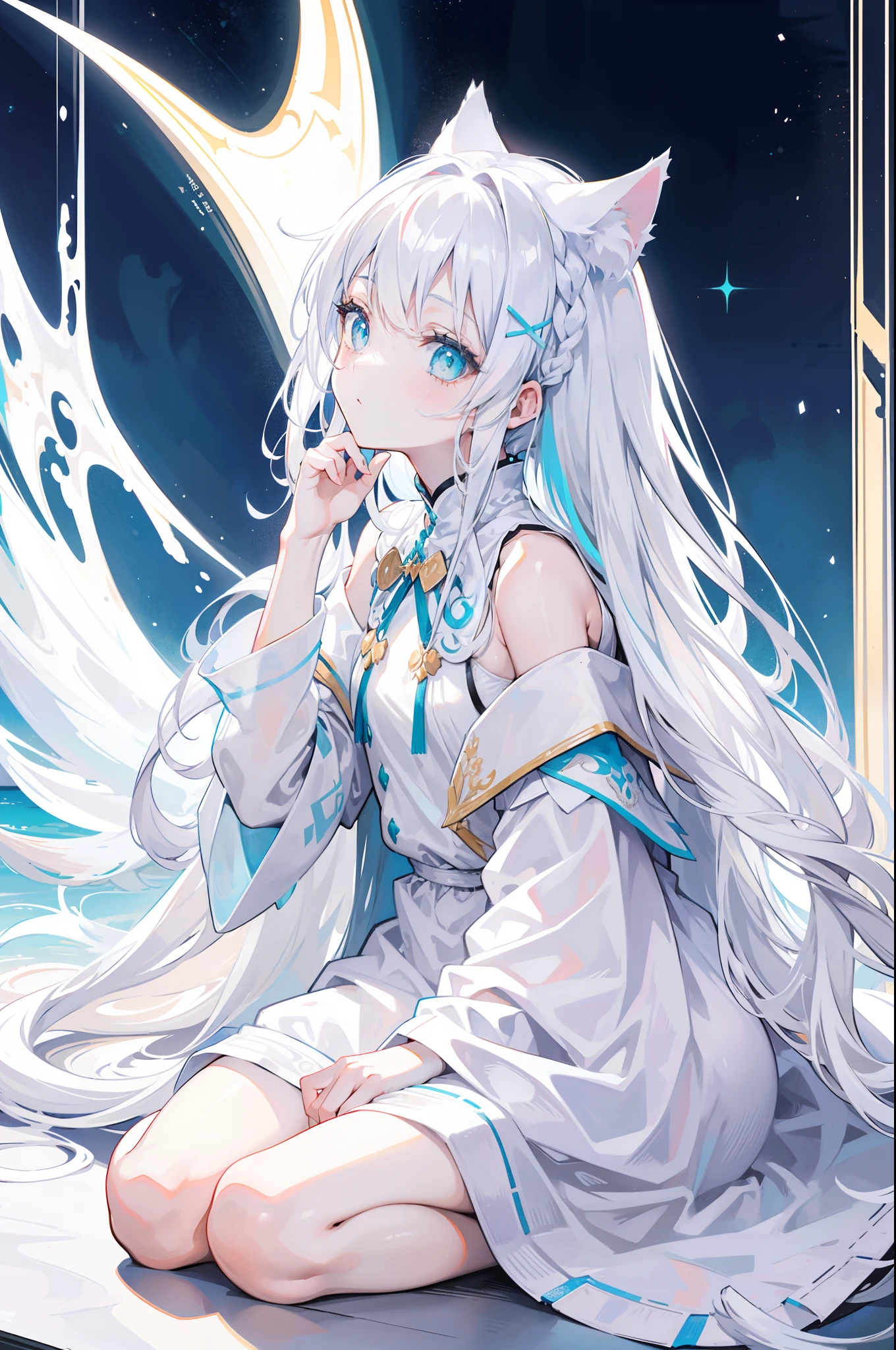 Need,tmasterpiece,Beautiful girl,White,cat ear,long white robe,quadratic element,apathy,Flowing messy white hair,Hairline,SideBraid,Look up,astonishment,Sit on your knees,Beautiful and delicate cyan eyes,Ray traching,Lateral face