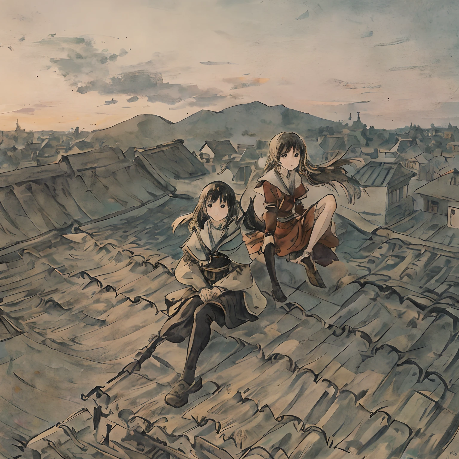 Girls outdoors, late, starrysky, in a panoramic view, scenecy, horizon, the roof, sitting on rooftop, ventania